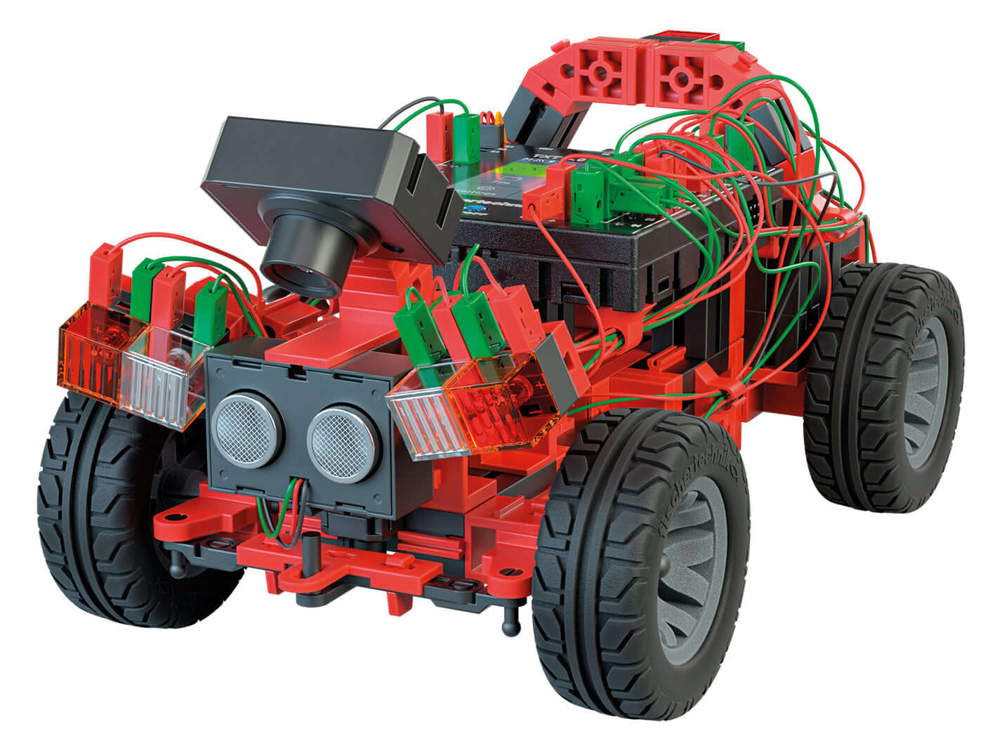 Autonomous driving robot car model featuring a detailed design with sensors and wiring for STEM coding activities.