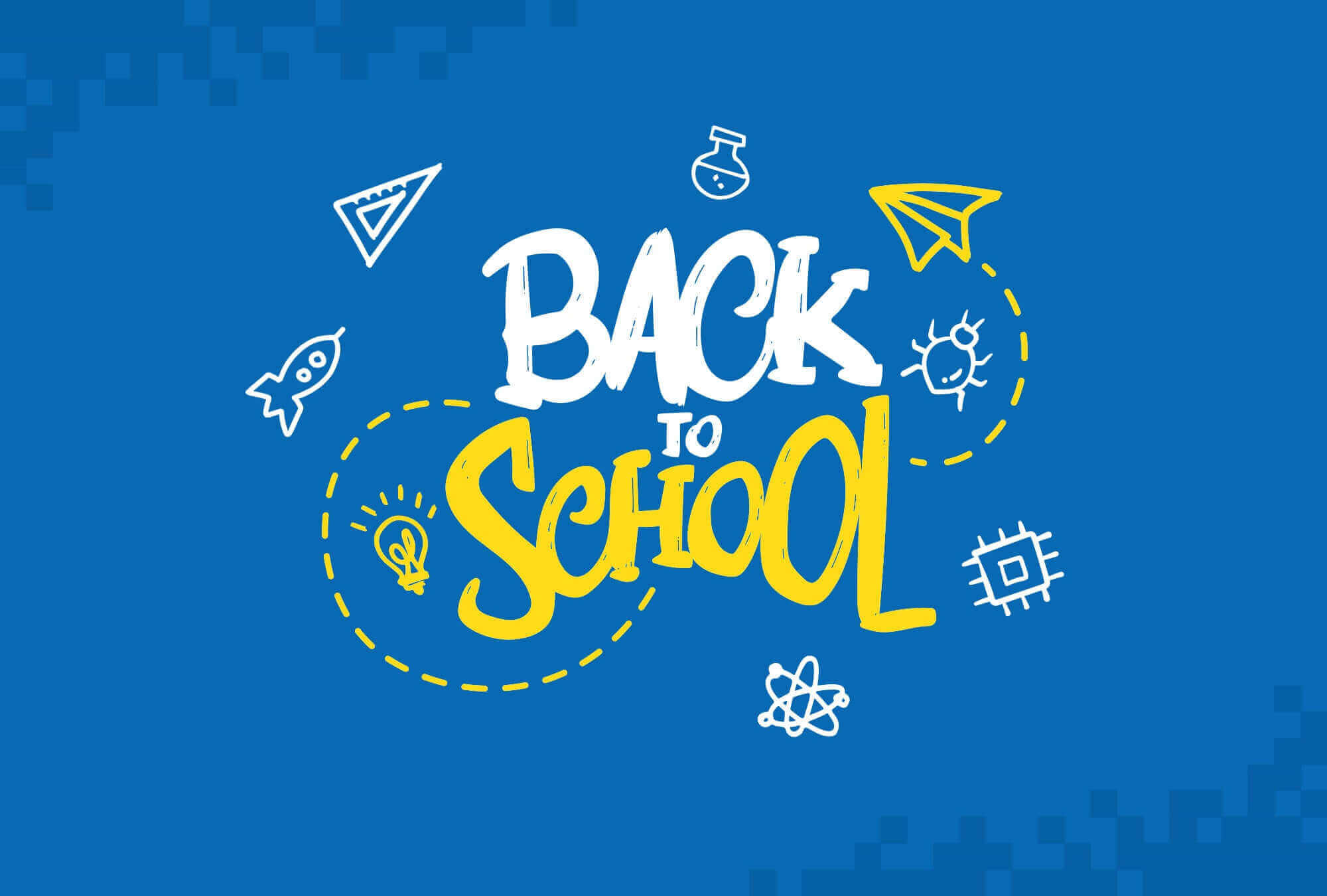 Colorful 'Back to School' graphic with fun school-themed icons on a blue background.