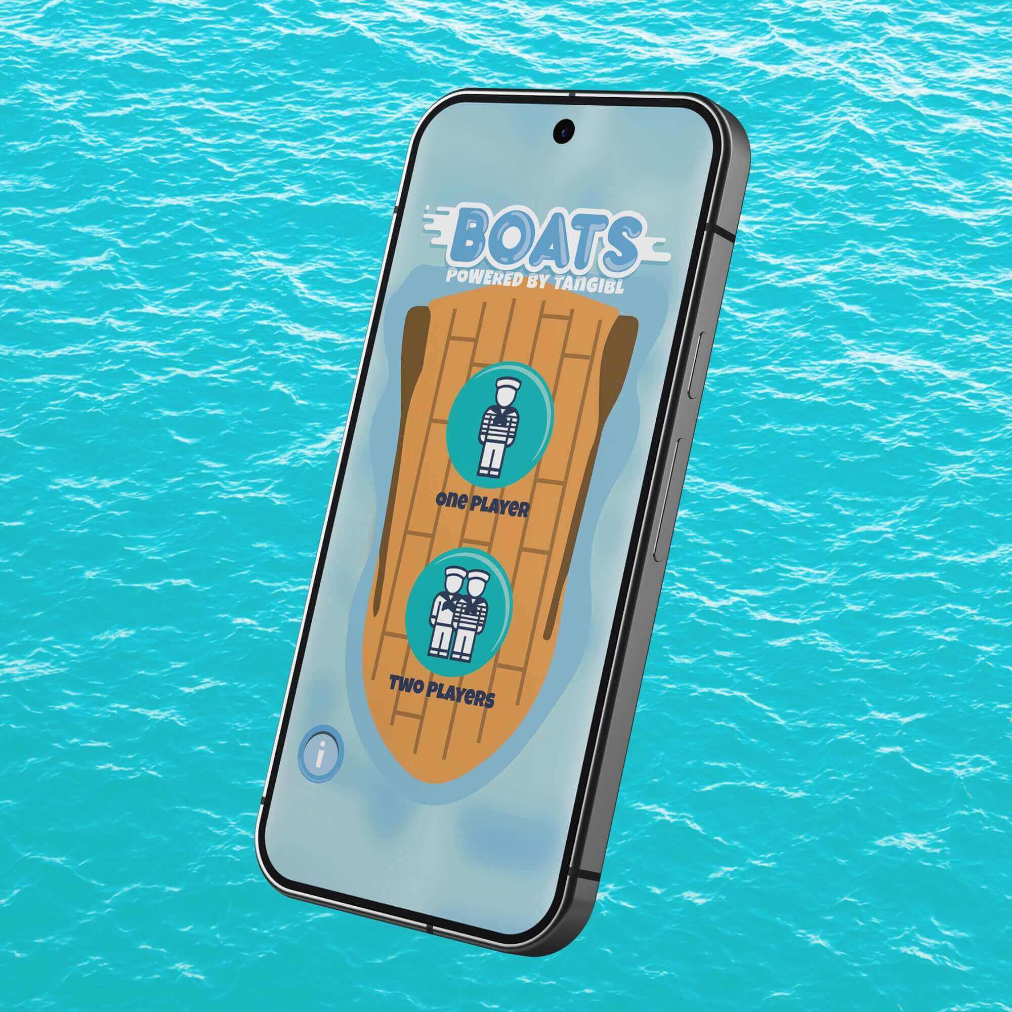 Smartphone displaying the 'Boats' game interface with options for one or two players, set against a vibrant ocean background.