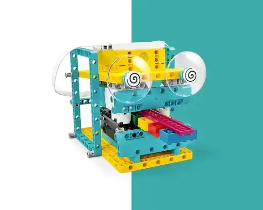 Colorful LEGO creation resembling a quirky creature with spinning eyes and a vibrant tongue made of building blocks.