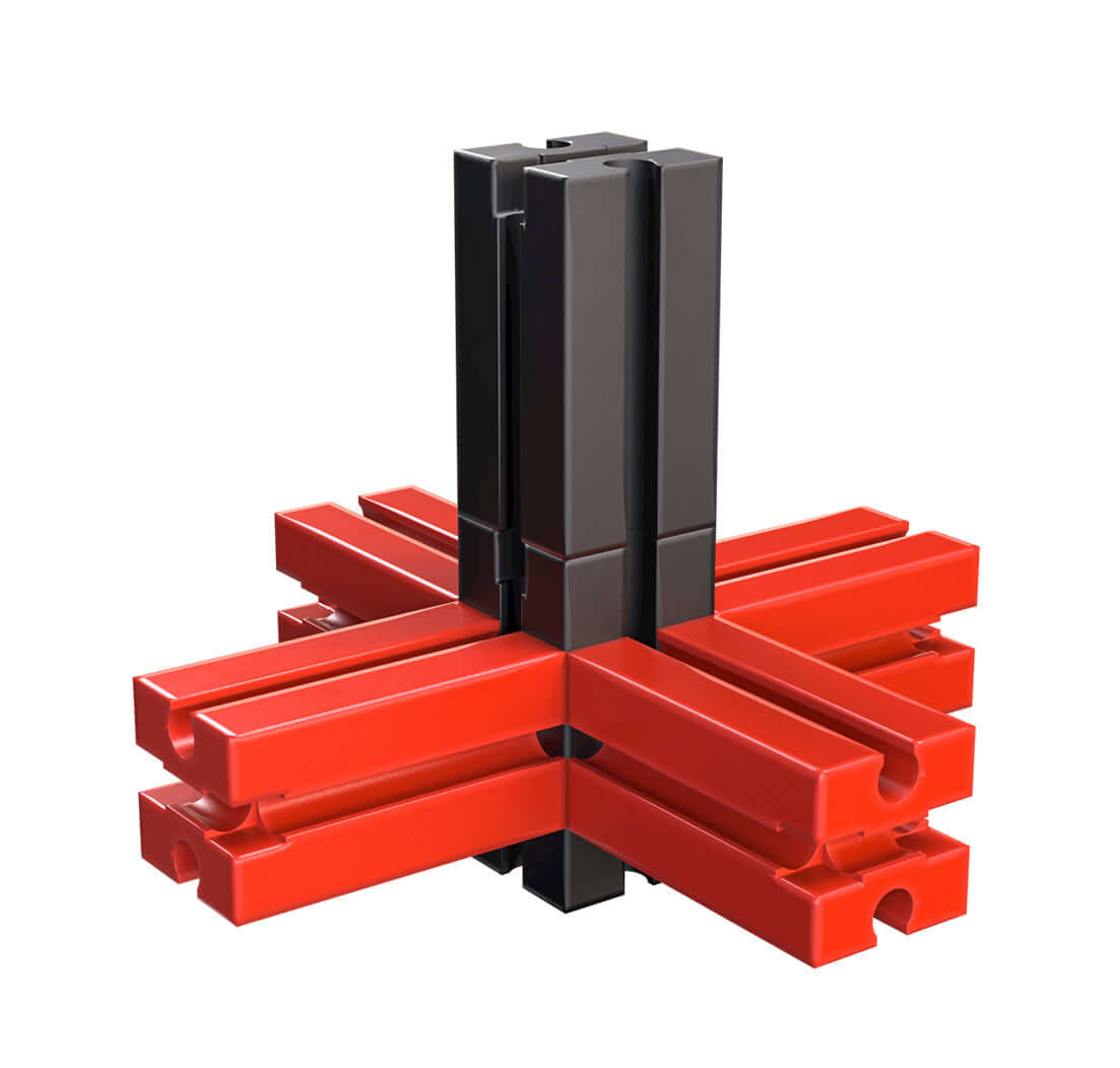 Colorful building blocks in red and black forming a creative structure for classroom use in elementary education.