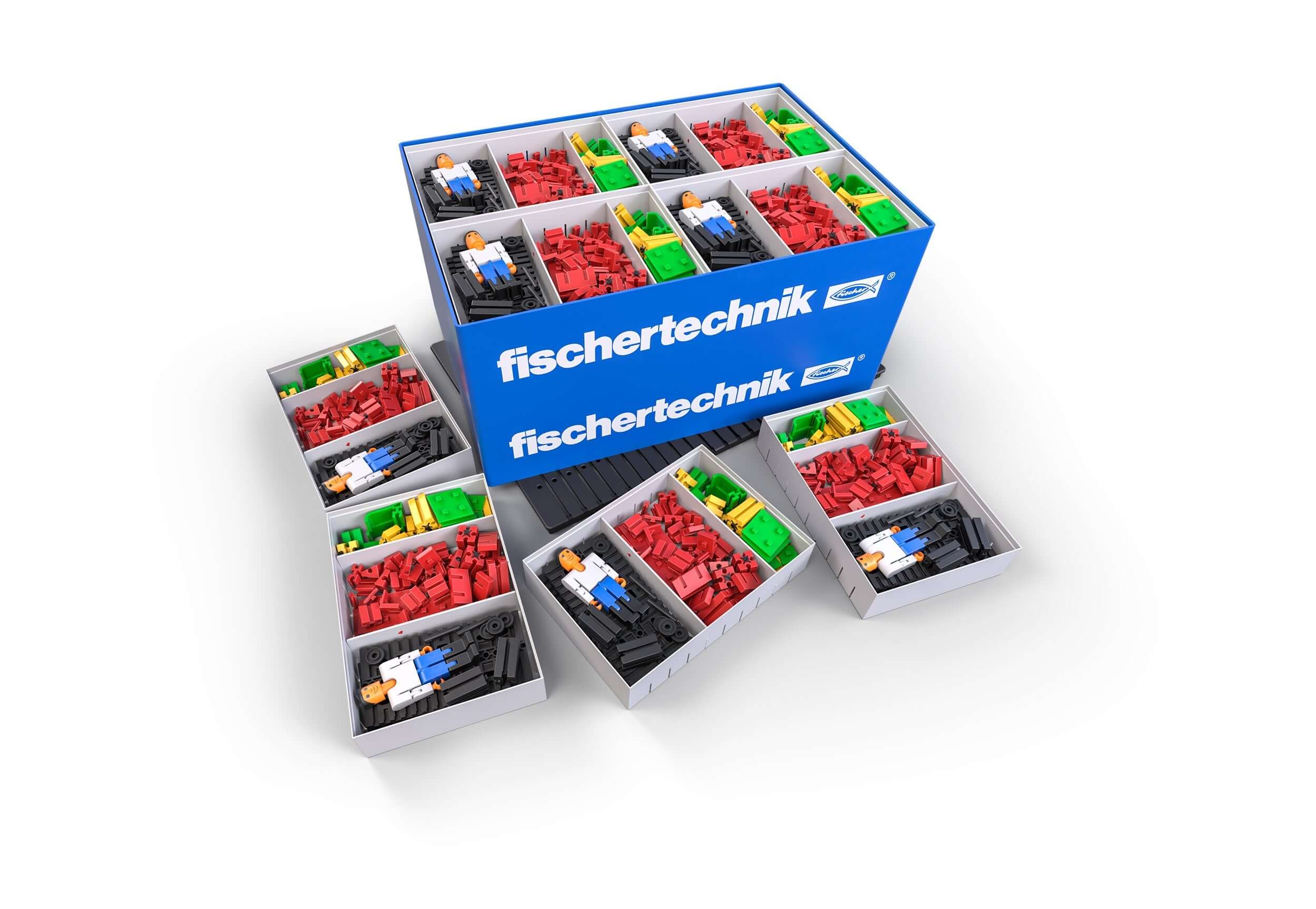 Fischertechnik CLASS SET Basics with colorful building pieces for elementary school creativity and learning.