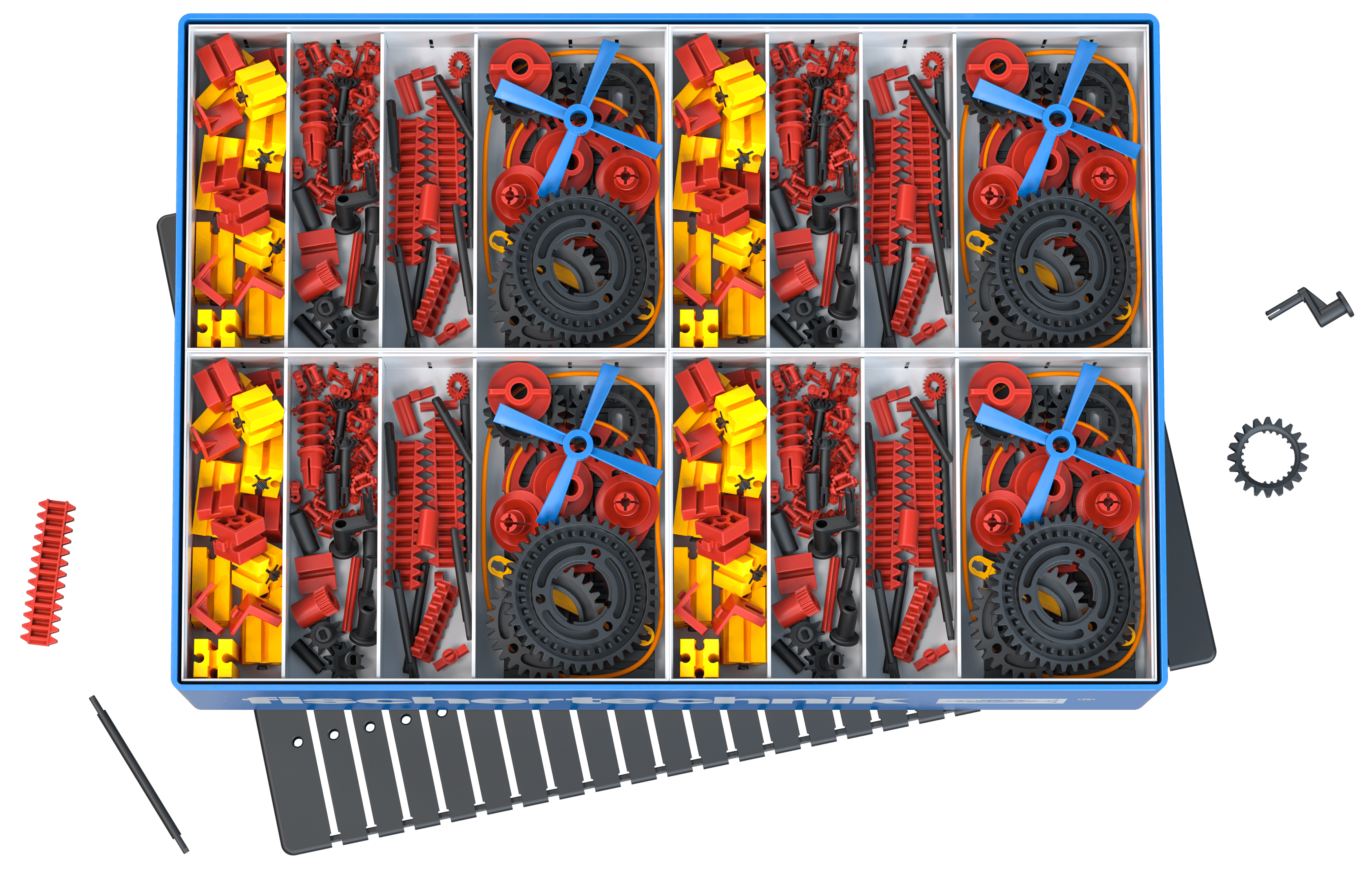 Colorful CLASS SET Gears kit for primary school, featuring various gears and components for hands-on learning.