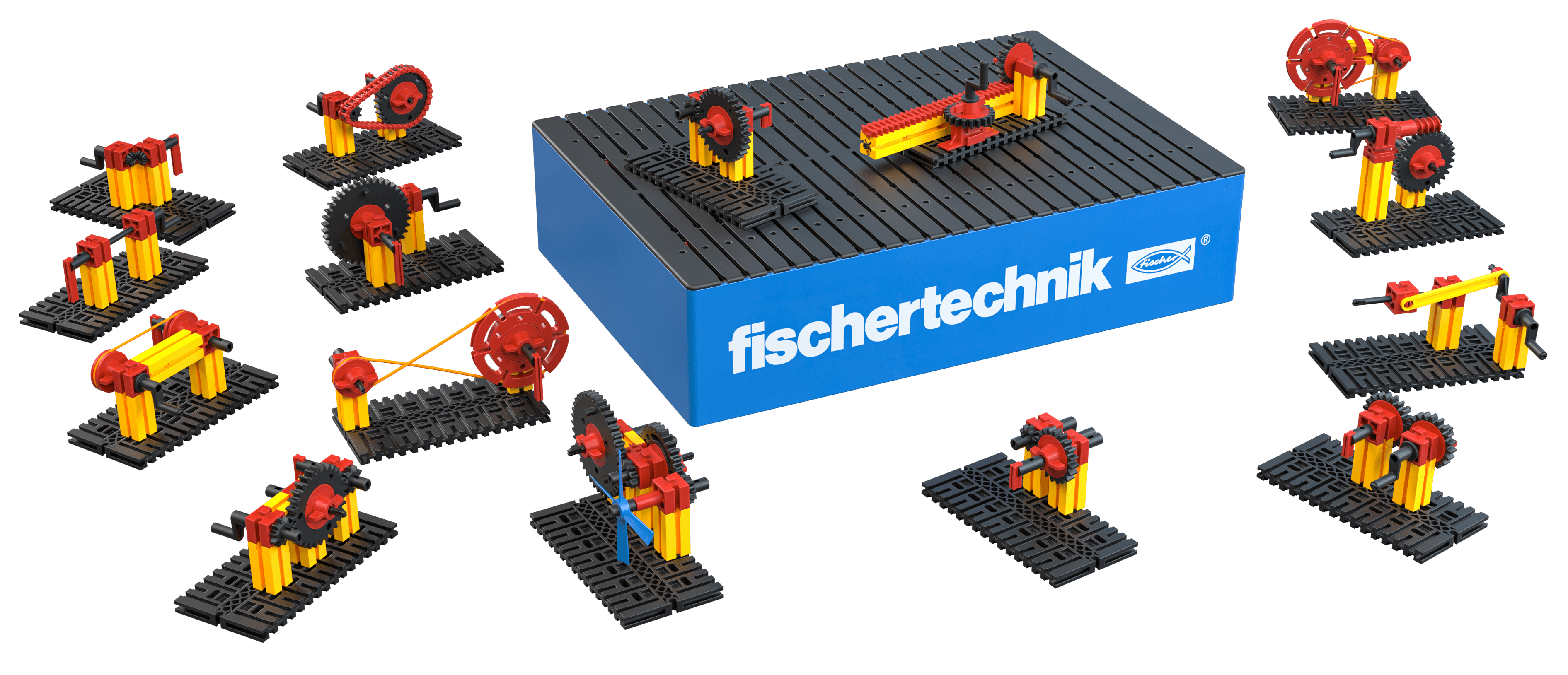 CLASS SET Gears by Fischertechnik, showcasing colorful models demonstrating gear mechanics for primary education.