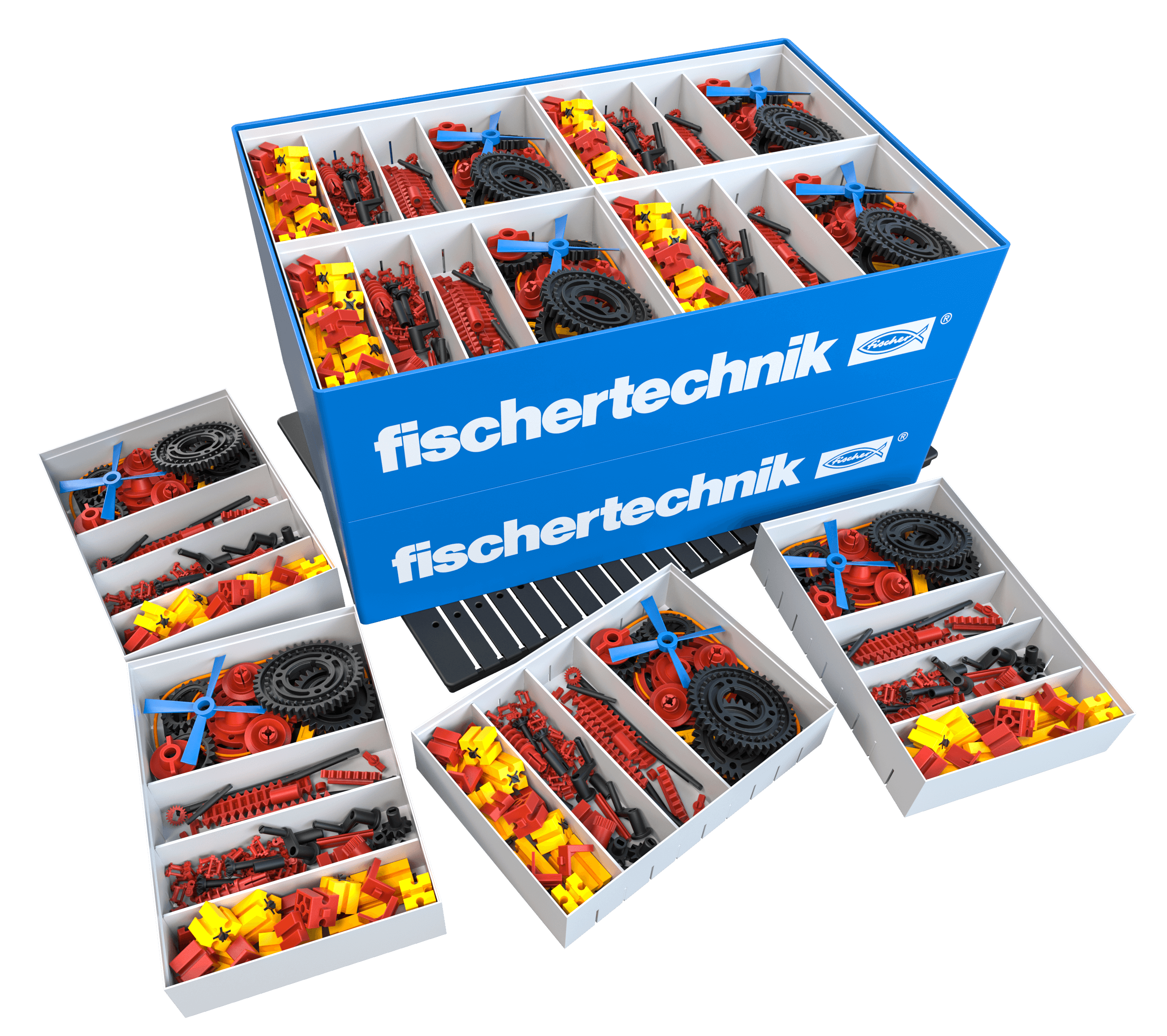 Fischertechnik CLASS SET gears product showing colorful gear components in organized boxes for educational use.