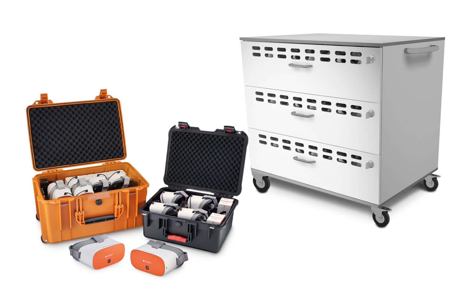 ClassVR Premium Set featuring storage carts and cases for educational virtual reality kits and controllers.