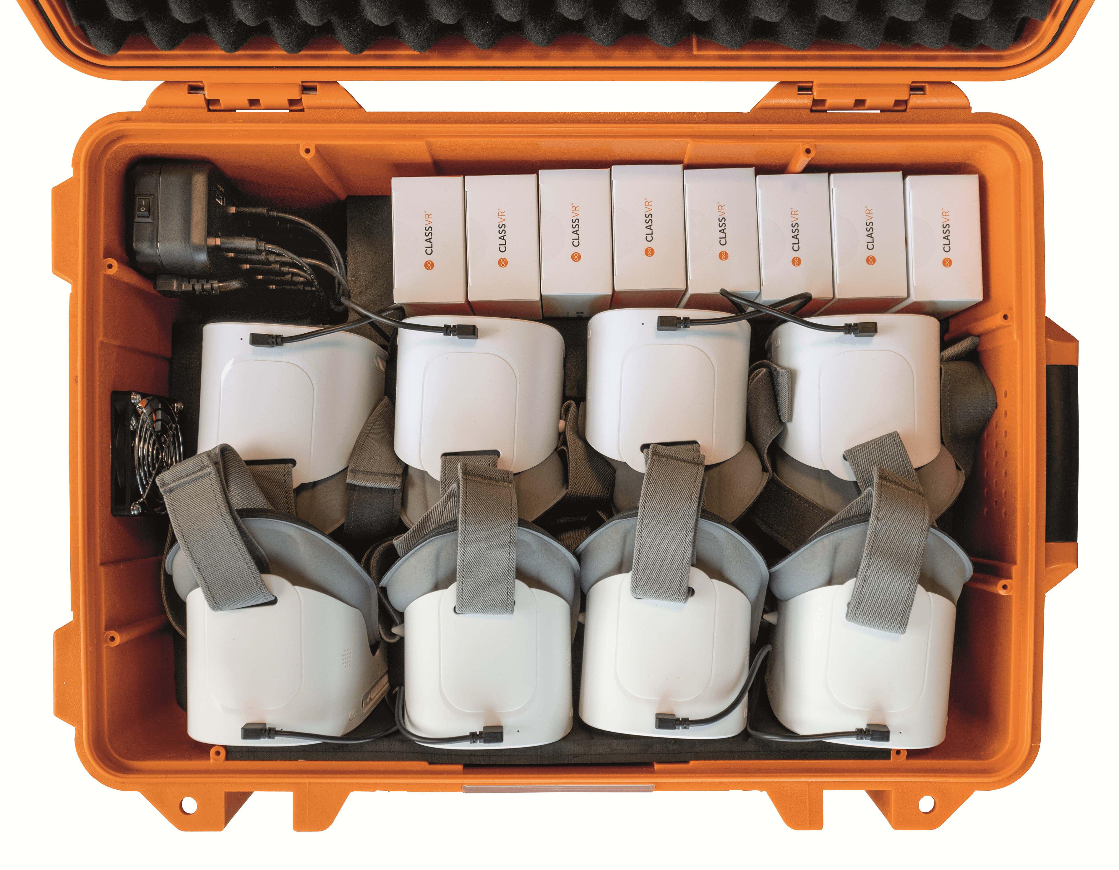 ClassVR Premium Set of 30 VR headsets and controllers stored in a durable orange case for educational use.