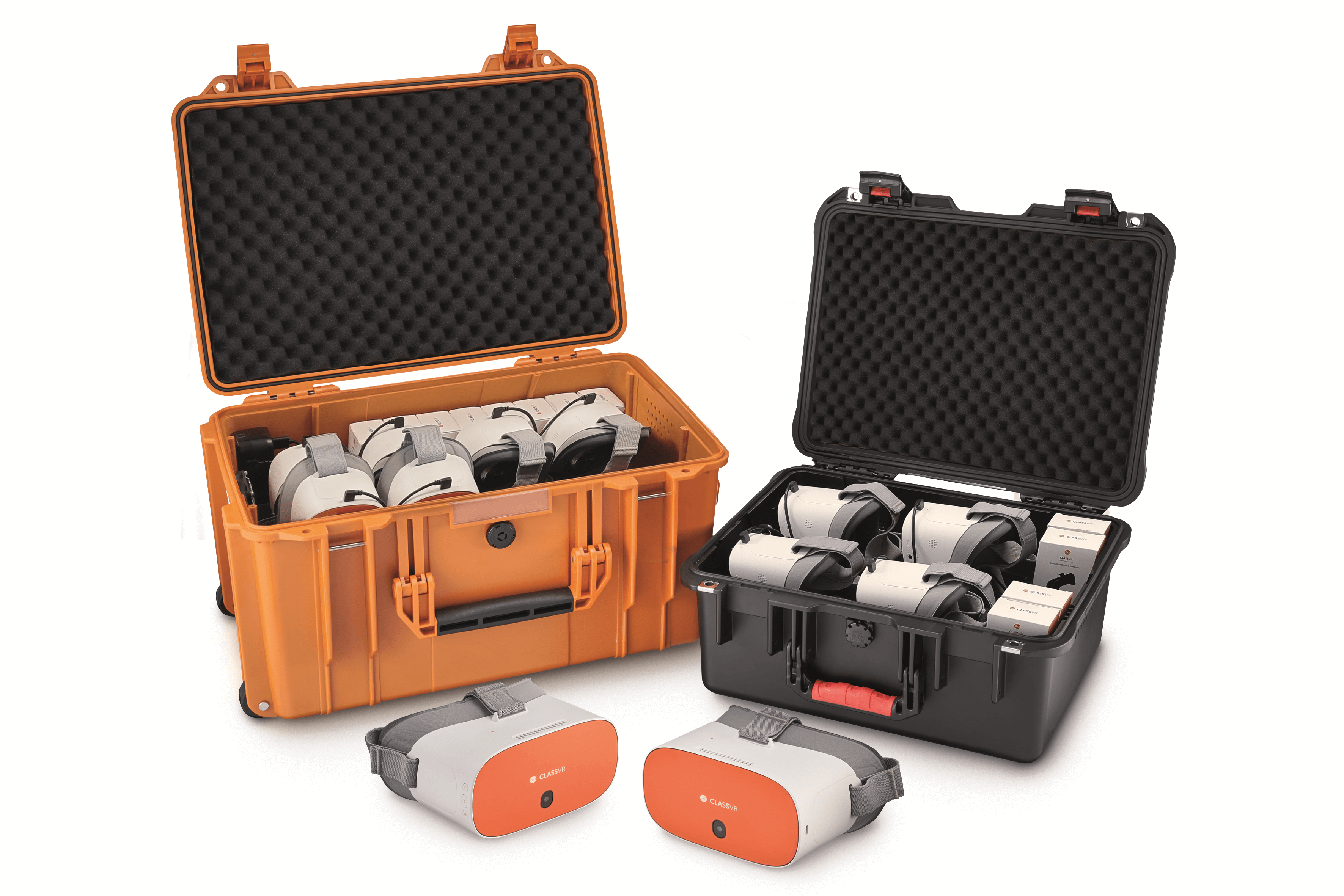 ClassVR Premium Set of 30 virtual reality headsets and controllers in protective storage cases for educational use.
