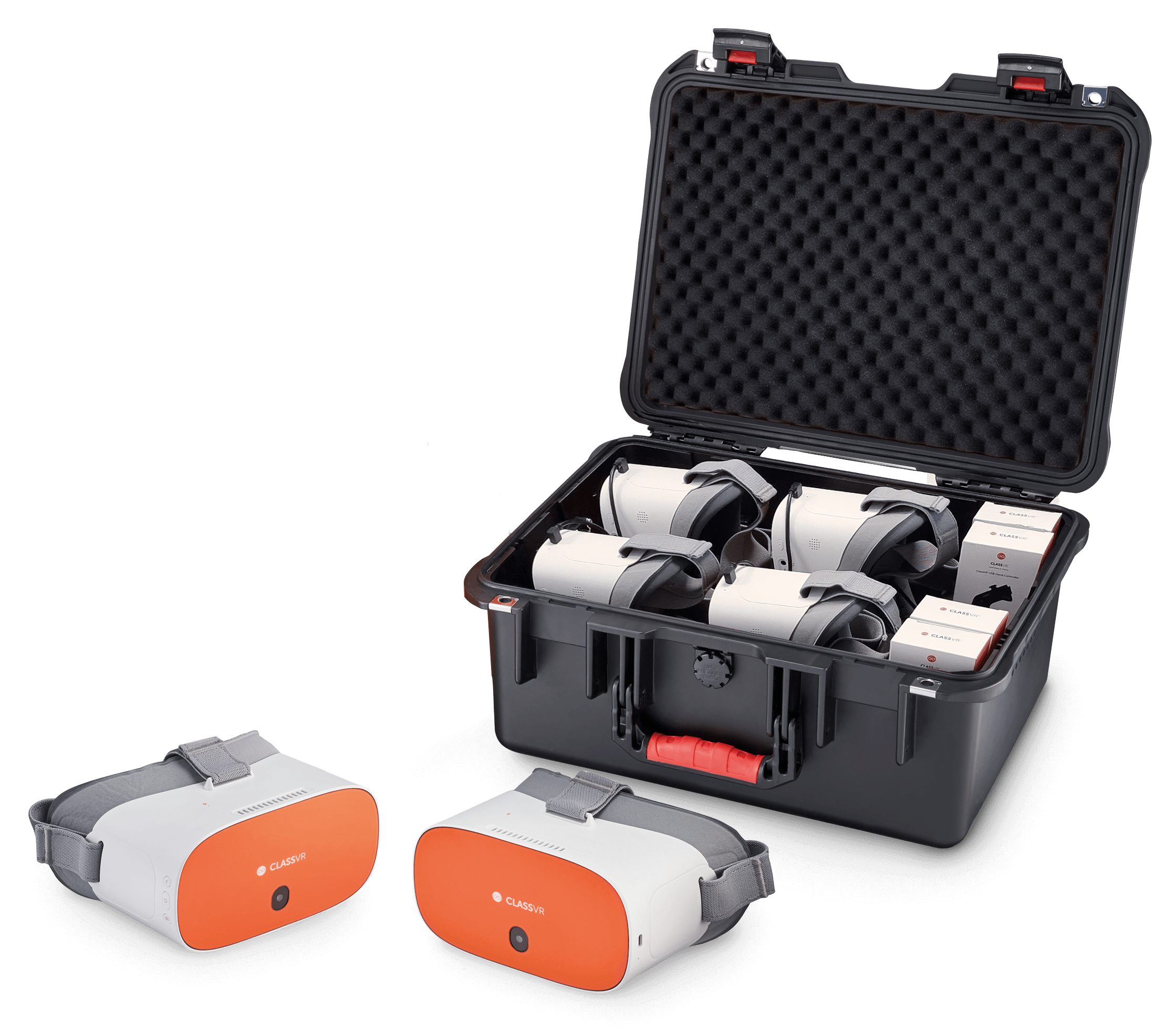 ClassVR Premium Set of 4 VR headsets and controllers in a protective case for educational experiences.