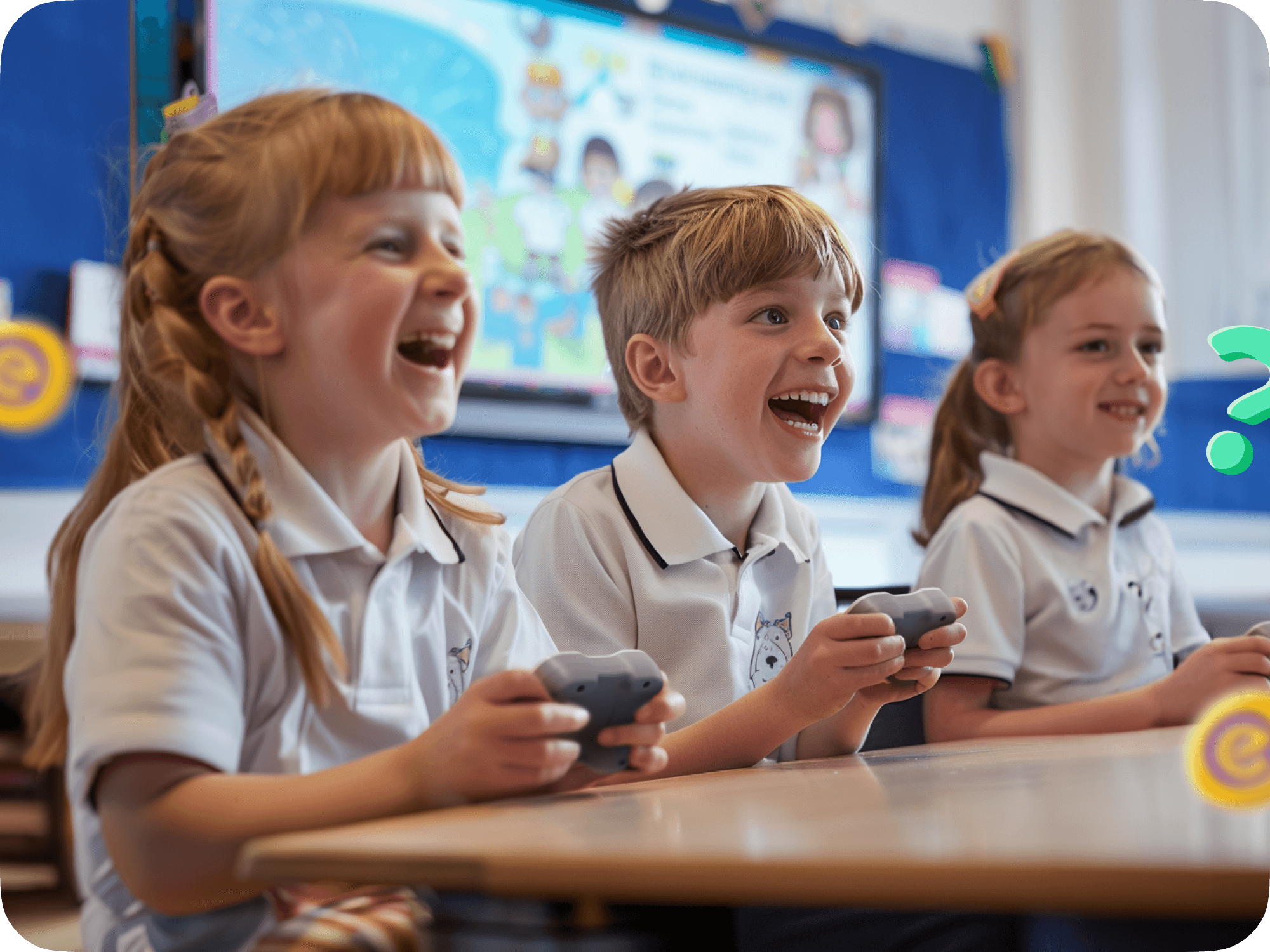 Three smiling schoolchildren joyfully engaged in a gamified educational activity with handheld controllers.