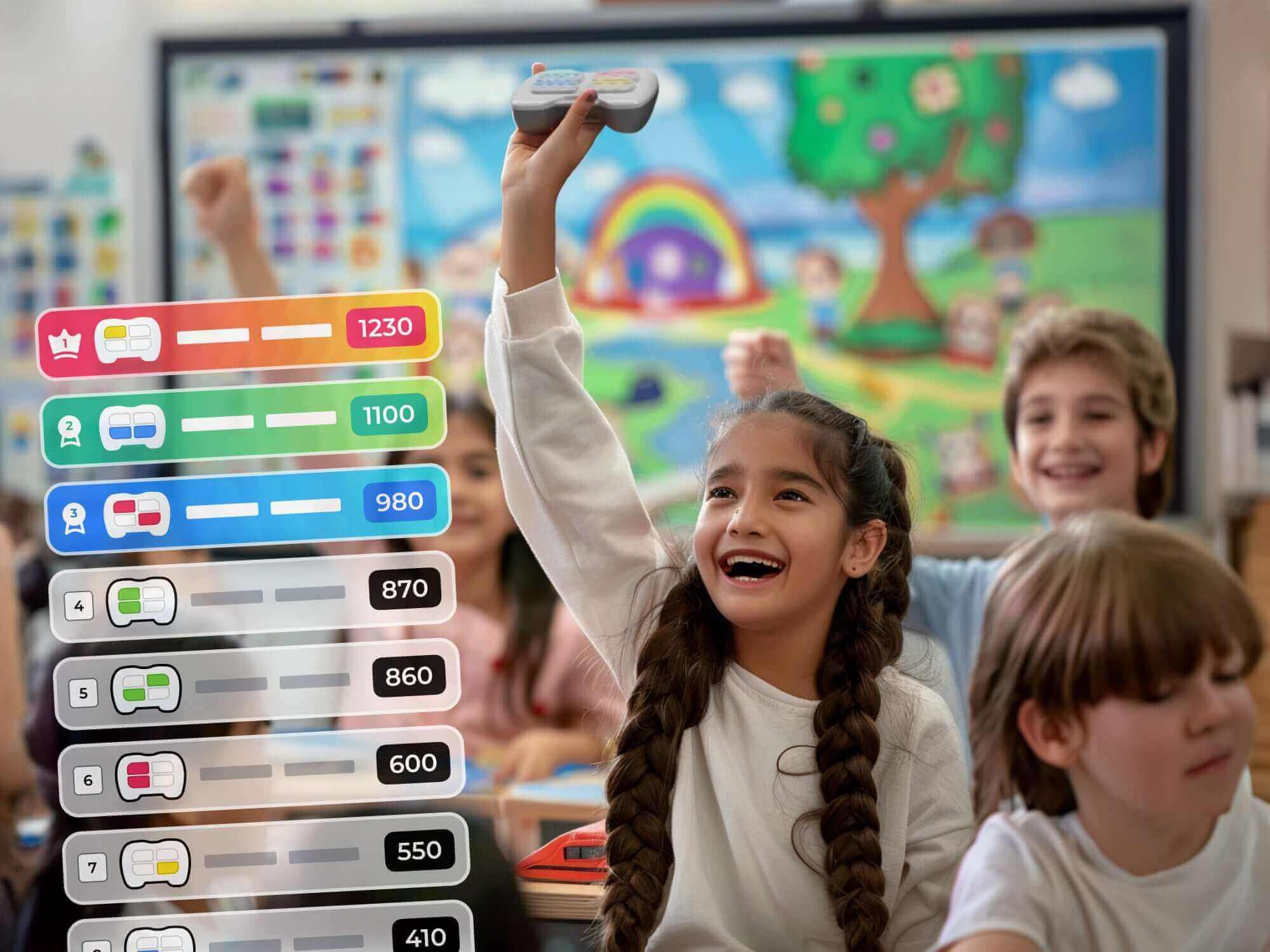 Children in a classroom excitedly engaging with a game, showing enthusiasm during a learning activity.