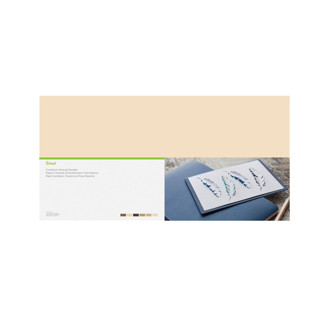 Cricut 12x24" cardstock sampler in neutral colors, showcasing craft projects and premium textured paper.
