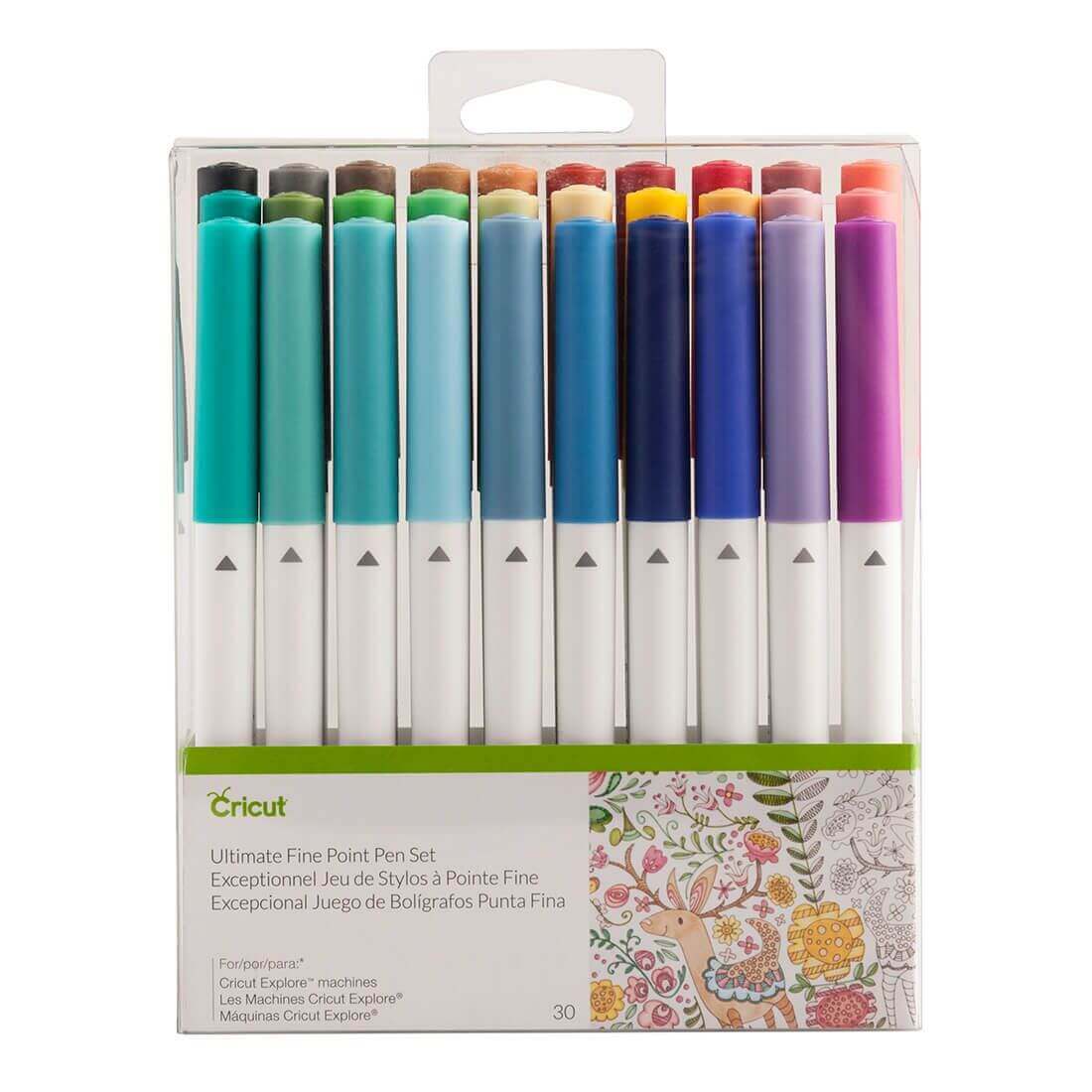 Cricut Ultimate Fine Point Pen Set 30-pack featuring colorful pens for crafting and drawing.