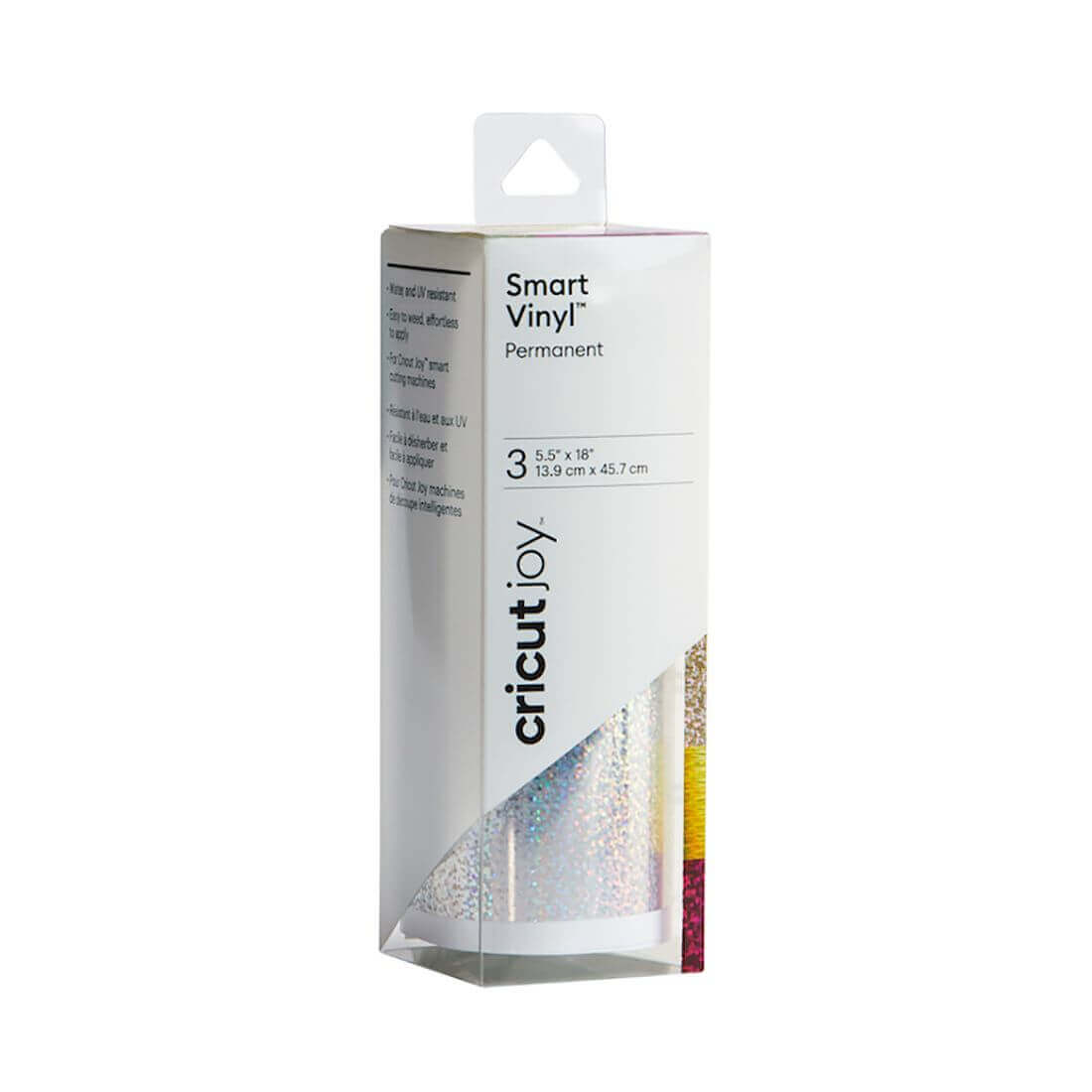 Cricut Joy Smart Vinyl Permanent 3-sheet sampler with holographic patterns, 5.5x18 inches packaging.