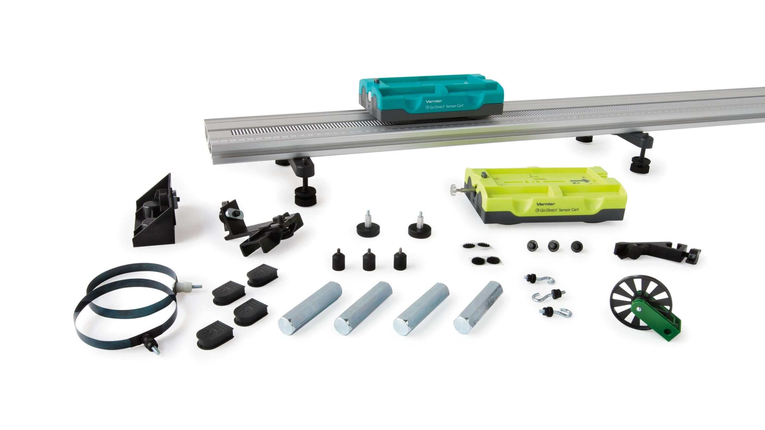 Dynamics Cart and Track System components, including sensor carts and 1.2 m track setup for experiments.