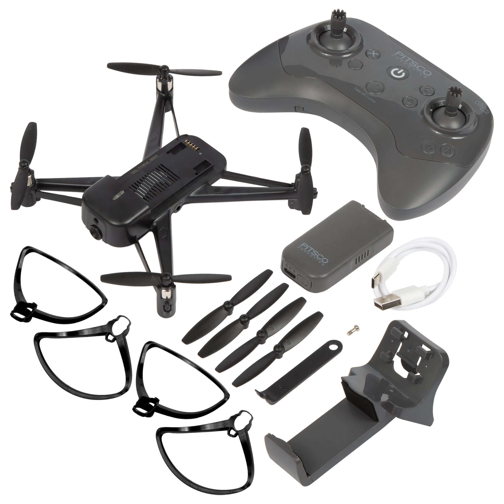 Echo Drone with remote control, propellers, safety glasses, cable, and accessories for aerial photography.