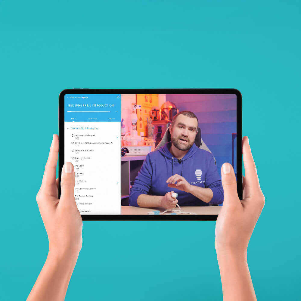 Person giving a presentation on a tablet, showcasing free skill introduction with a vibrant blue background.