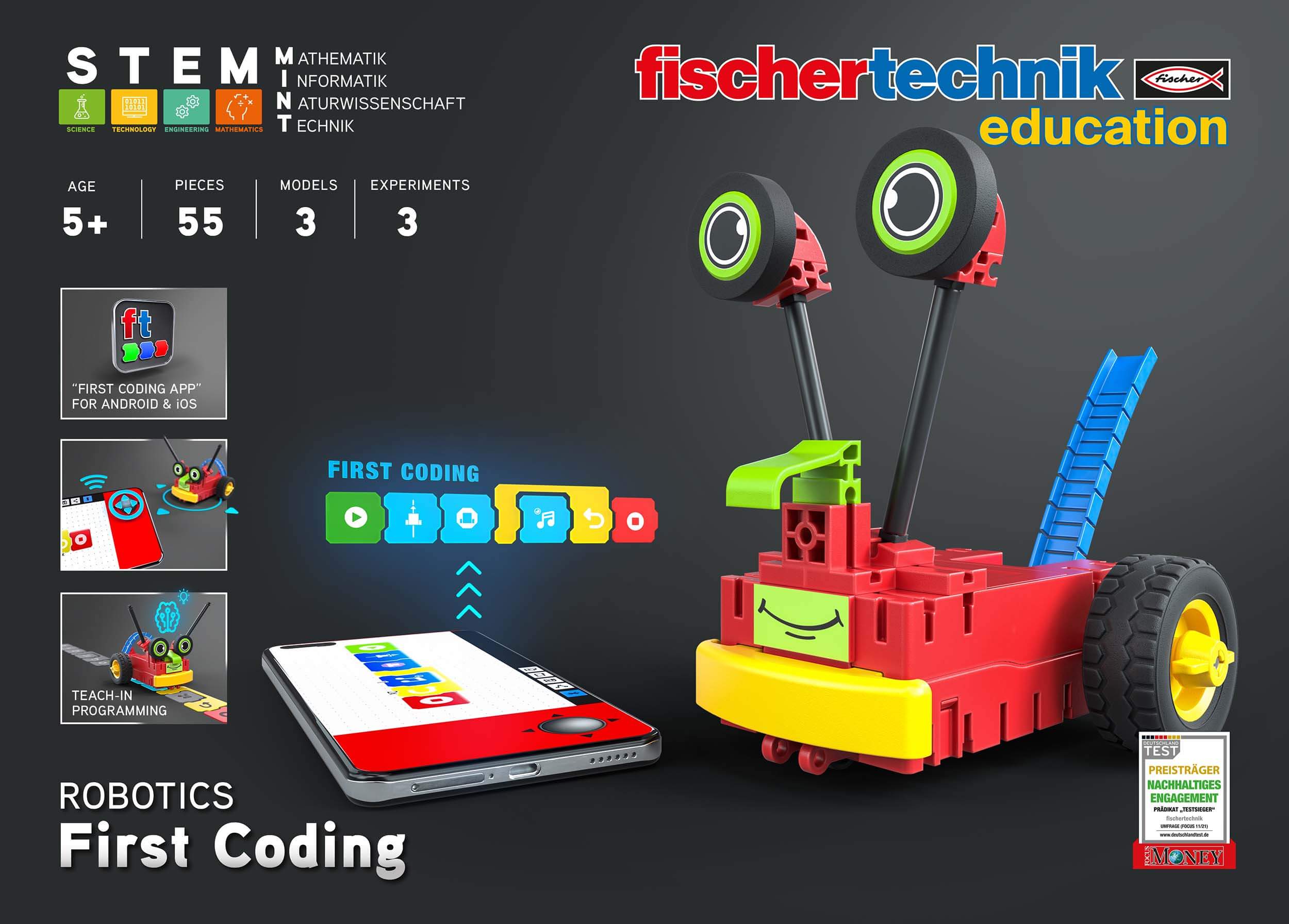 Engaging STEM toy for kids introducing coding basics, featuring a colorful robot and smartphone app for interactive learning.