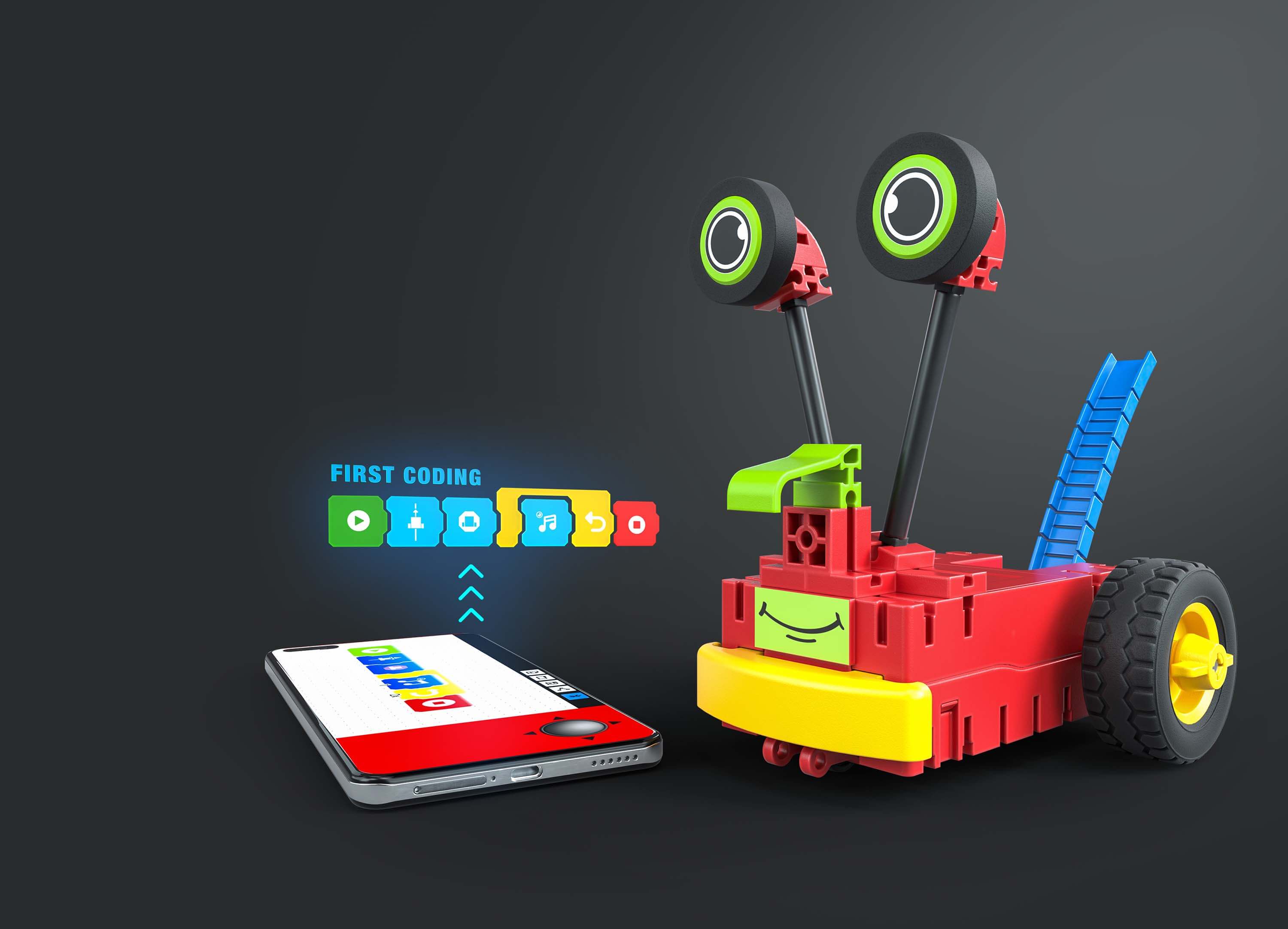 Colorful coding robot with a smartphone app promoting basic programming skills for primary school children.