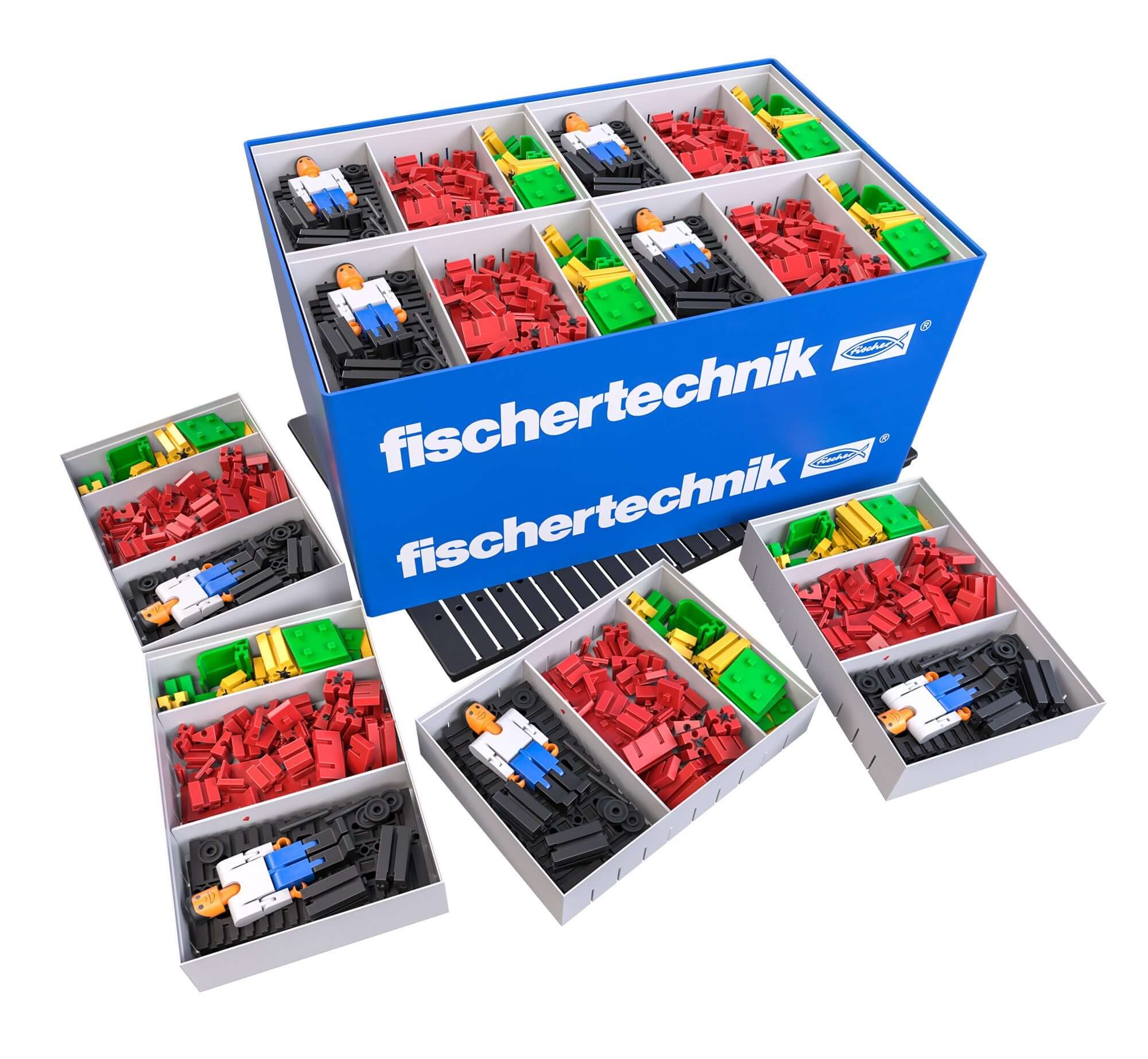 Fischer Technik CLASS SET Basics for elementary school featuring colorful building pieces and figures in organized boxes.