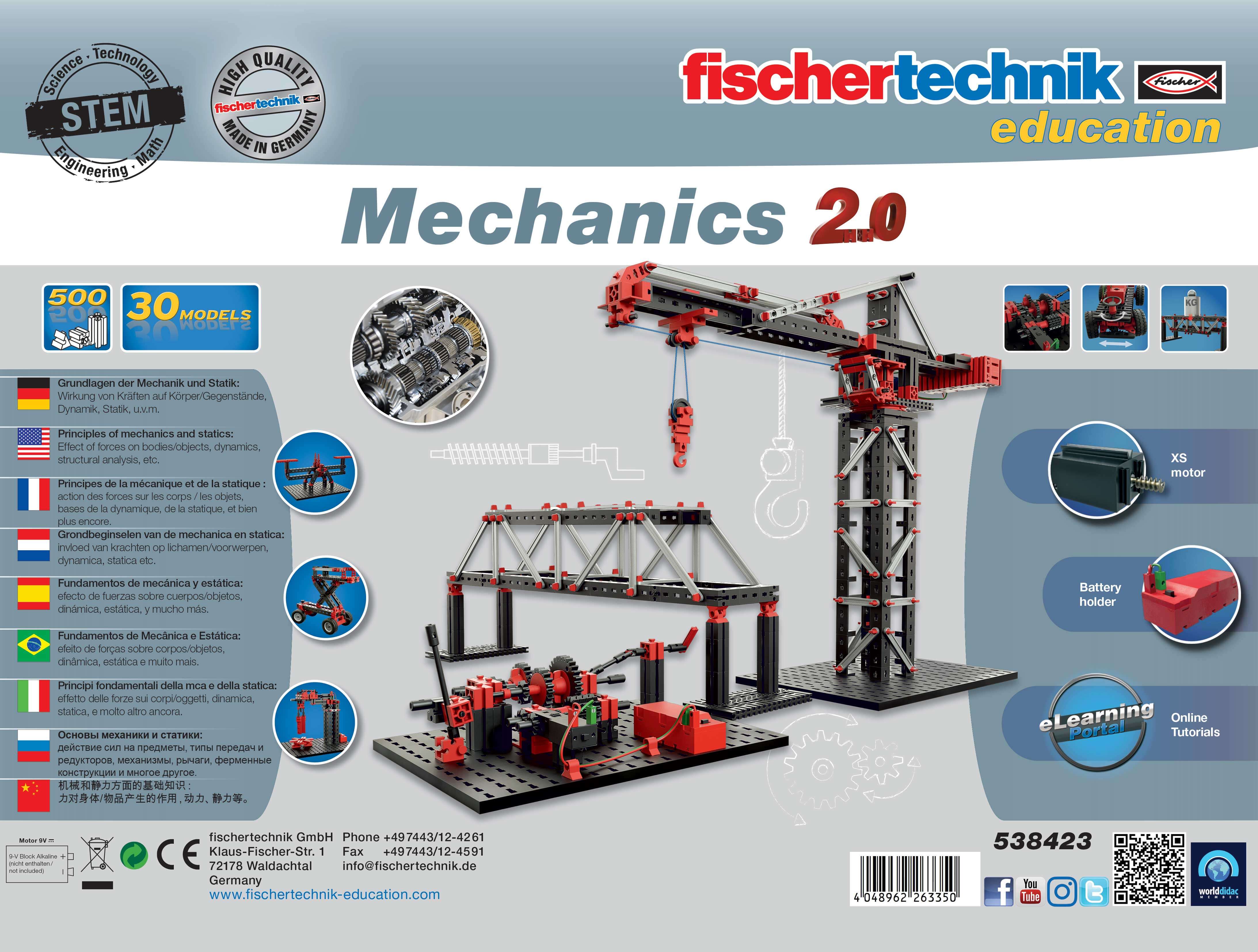 fischertechnik Mechanics 2.0 educational set featuring 500 models and STEM learning tools for mechanics and statics.