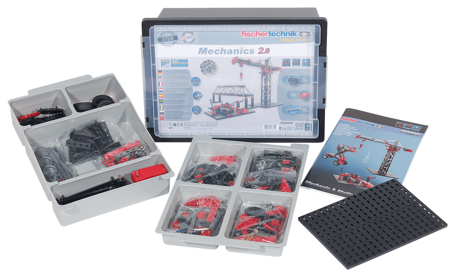Mechanics 2.0 kit with components in boxes, featuring building instructions for understanding basic mechanics.