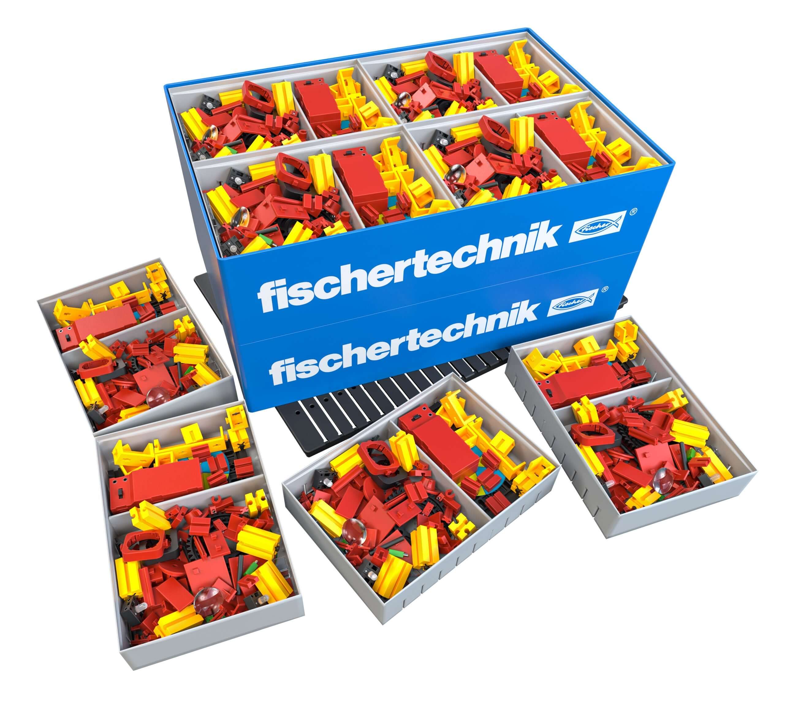 Fischertechnik CLASS SET Optics kit with red and yellow building blocks for teaching optics in primary school.