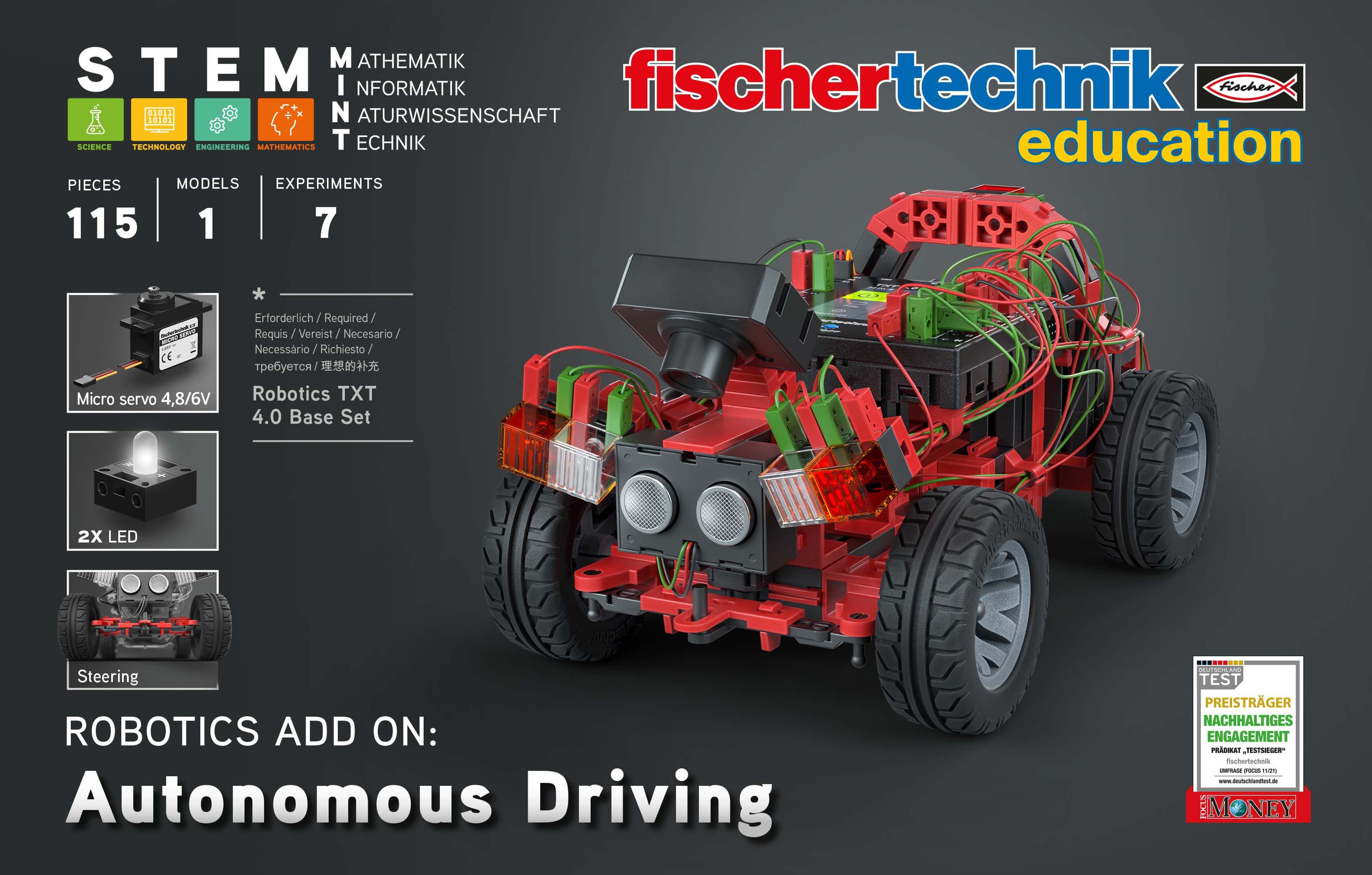 Add-On STEM Coding set for autonomous driving, featuring robotic design with 115 pieces and 7 experiments.