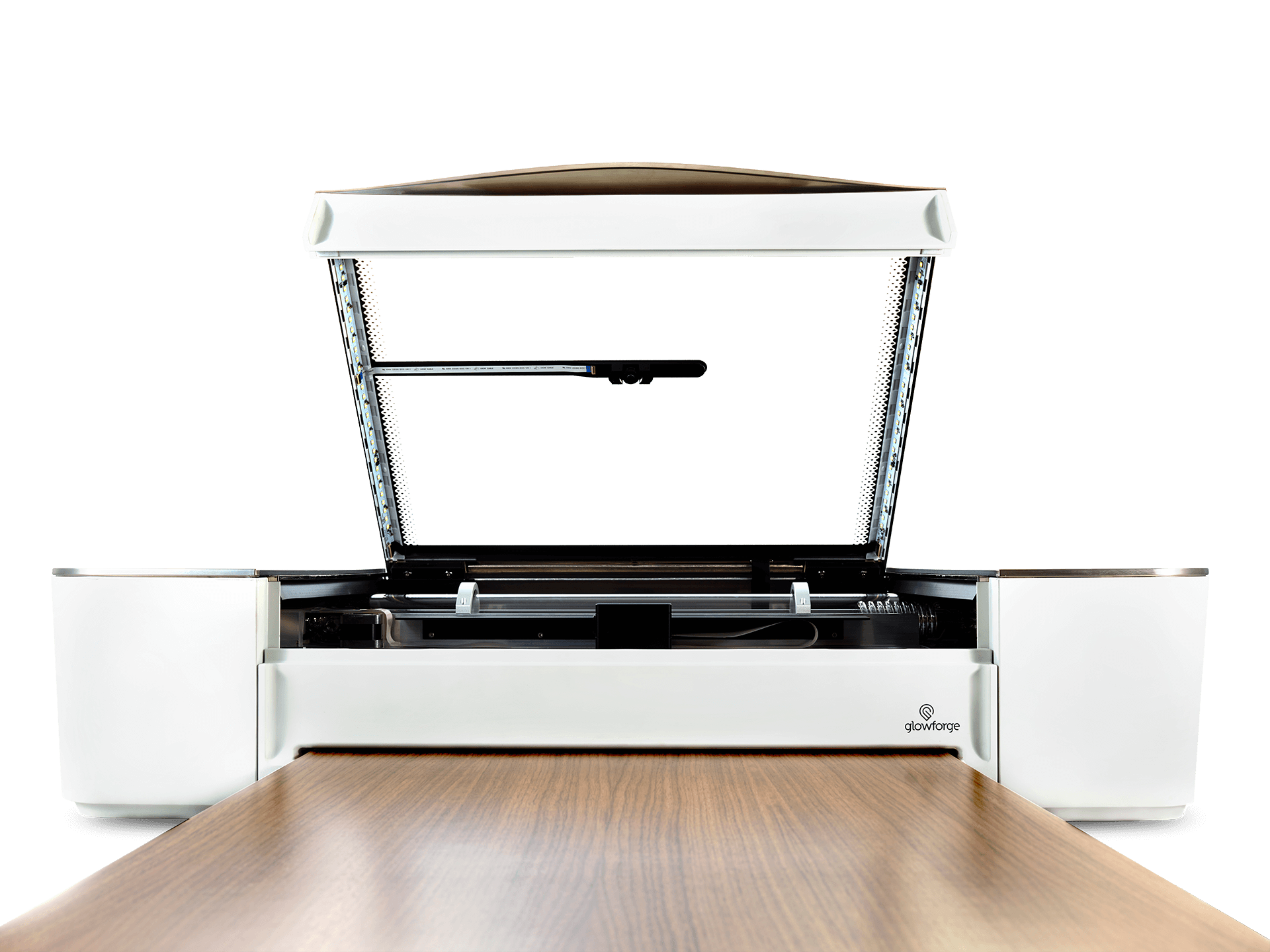 Glowforge Pro laser cutter with open lid showcasing the workspace for large projects.