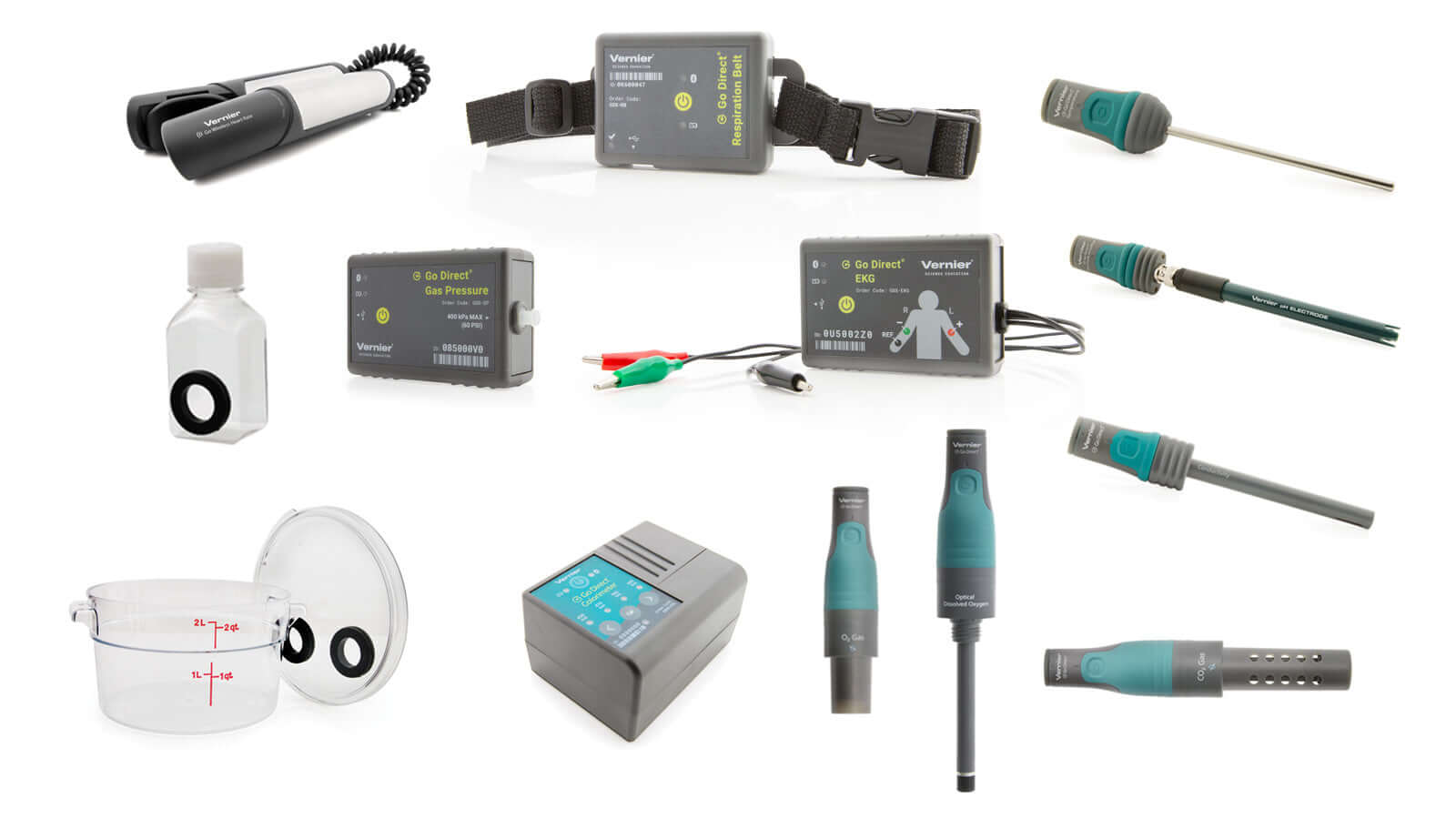 Go Direct Deluxe Biology Package includes sensors, Nalgene bottle, and tools for studying respiration and temperature.