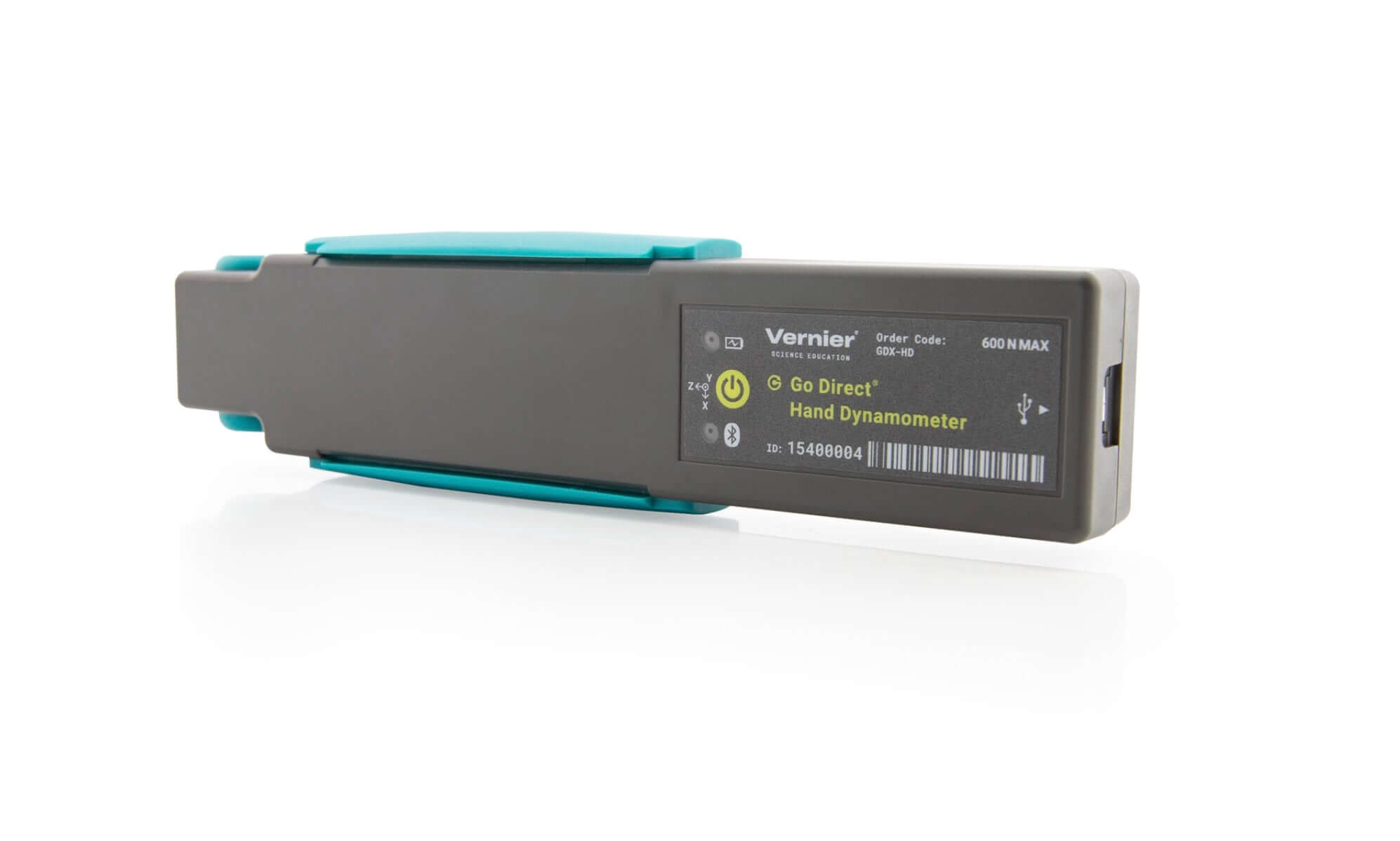 Go Direct Hand Dynamometer measuring grip strength, featuring Bluetooth and USB connectivity for experiments.
