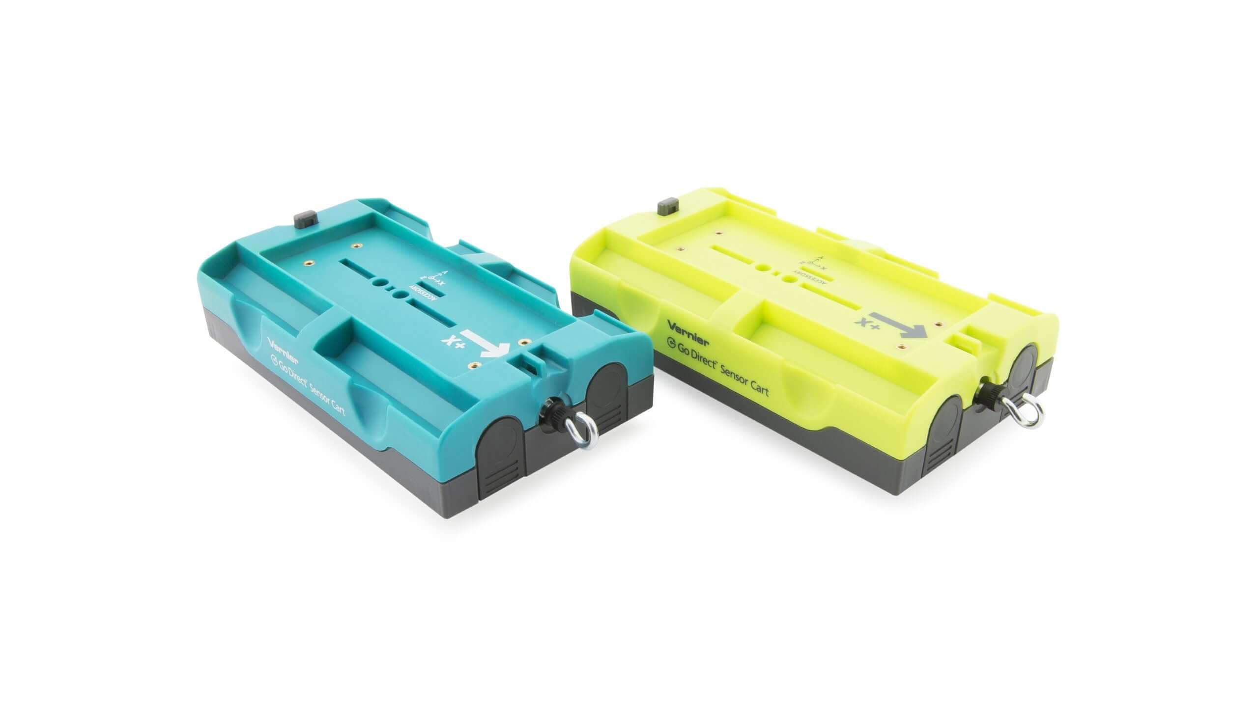 Go Direct Sensor Cart in green and blue, featuring built-in wireless sensors for dynamics and kinematics experiments.