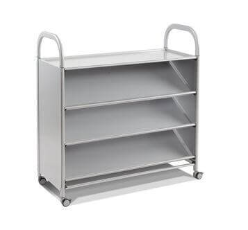 Gratnells Callero Plus tilting tray cart in silver with four shelves for easy display of books in libraries.