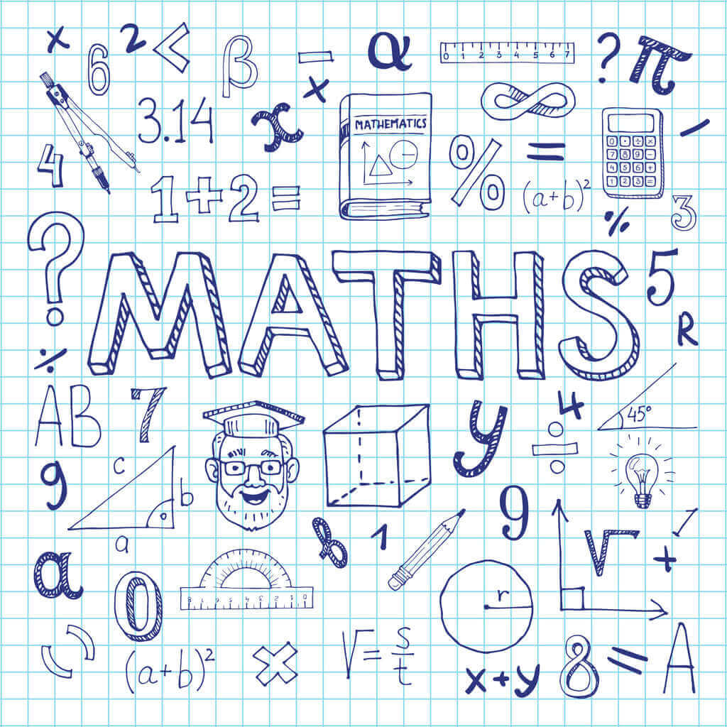 Doodle-style illustration of maths concepts, numbers, symbols, and a calculator on graph paper.