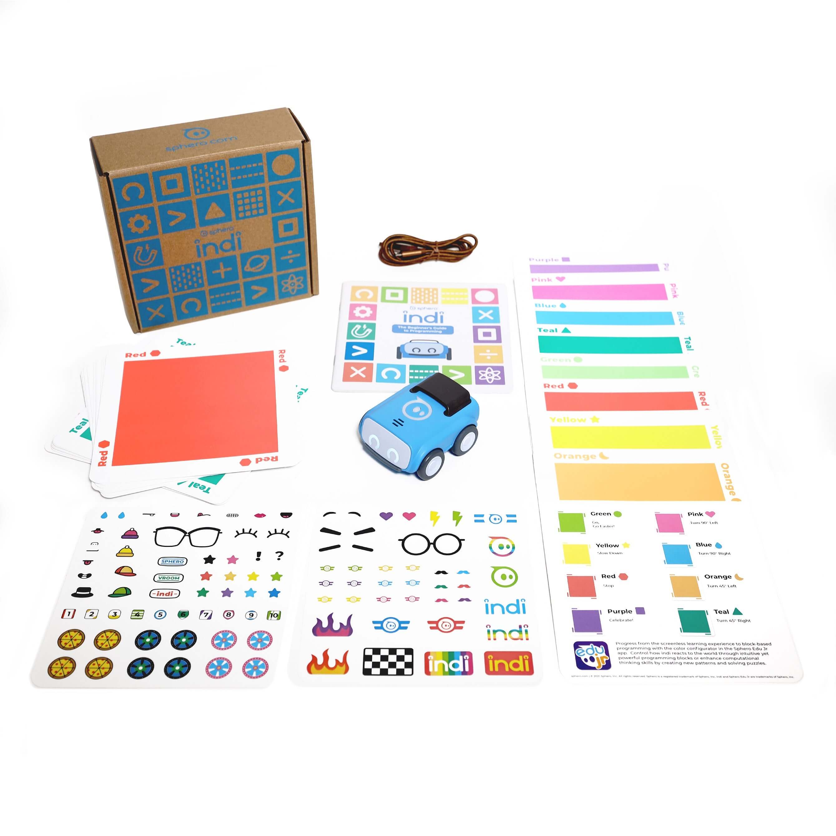 Sphero indi™ learning robot with color cards and maze-building materials for kids' STEAM education.
