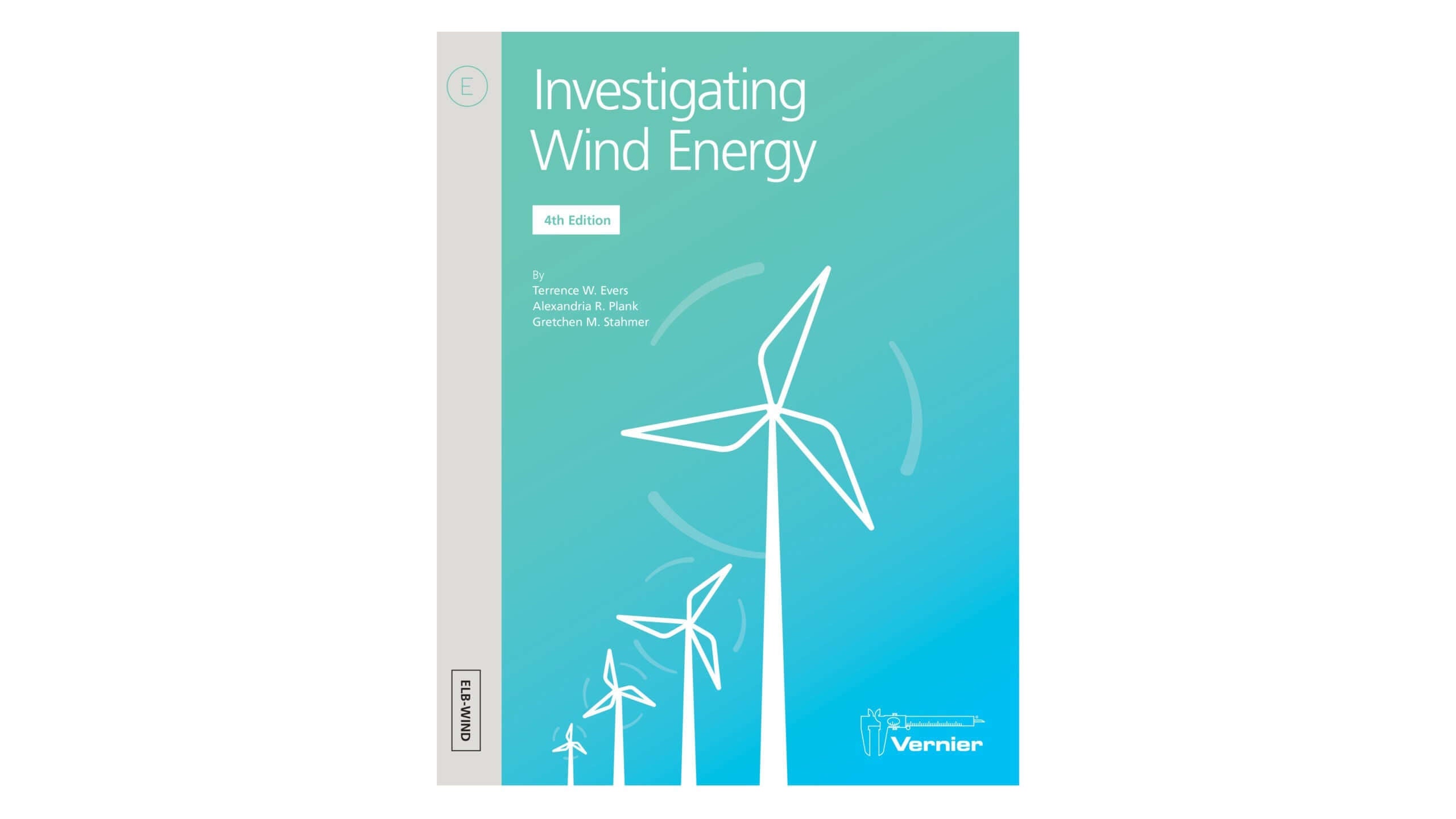 Investigating Wind Energy lab book cover featuring wind turbines, for hands-on experiments in print and e-book formats.