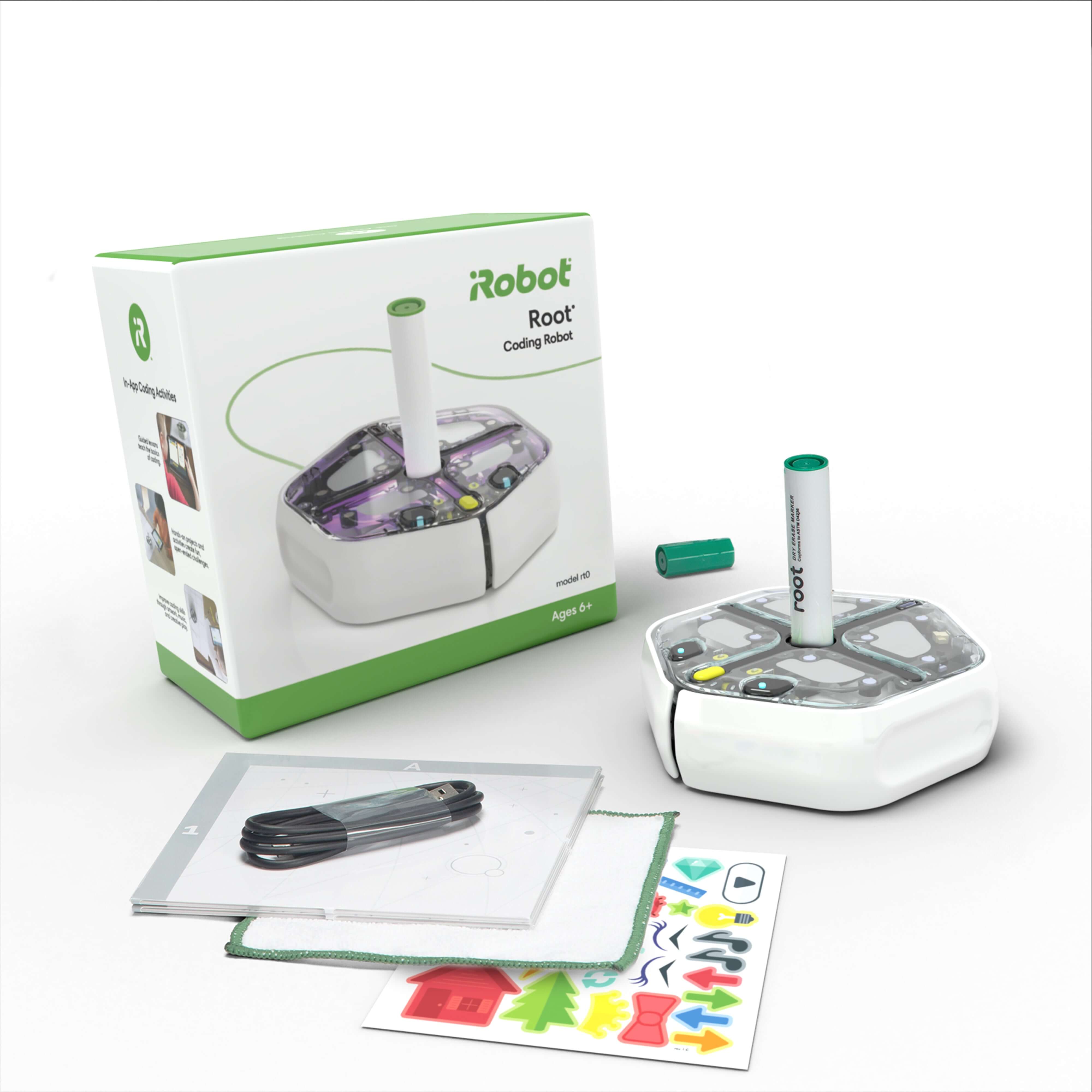 iRobot Root RT0 coding robot with packaging, accessories, and art materials for interactive learning.