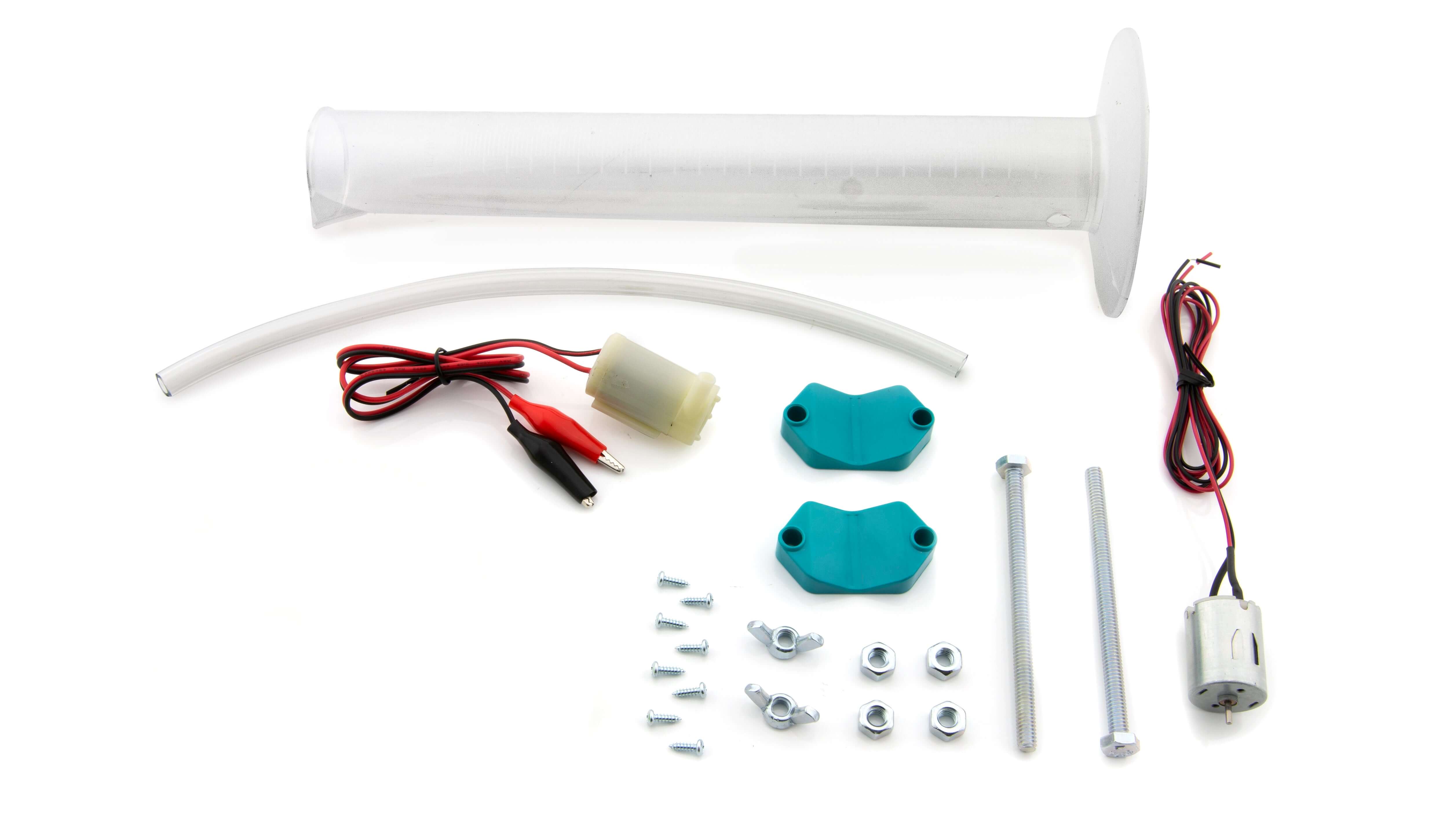 KidWind Advanced Wind Experiment Kit upgrade parts including tubes, connectors, motor, and assembly components.