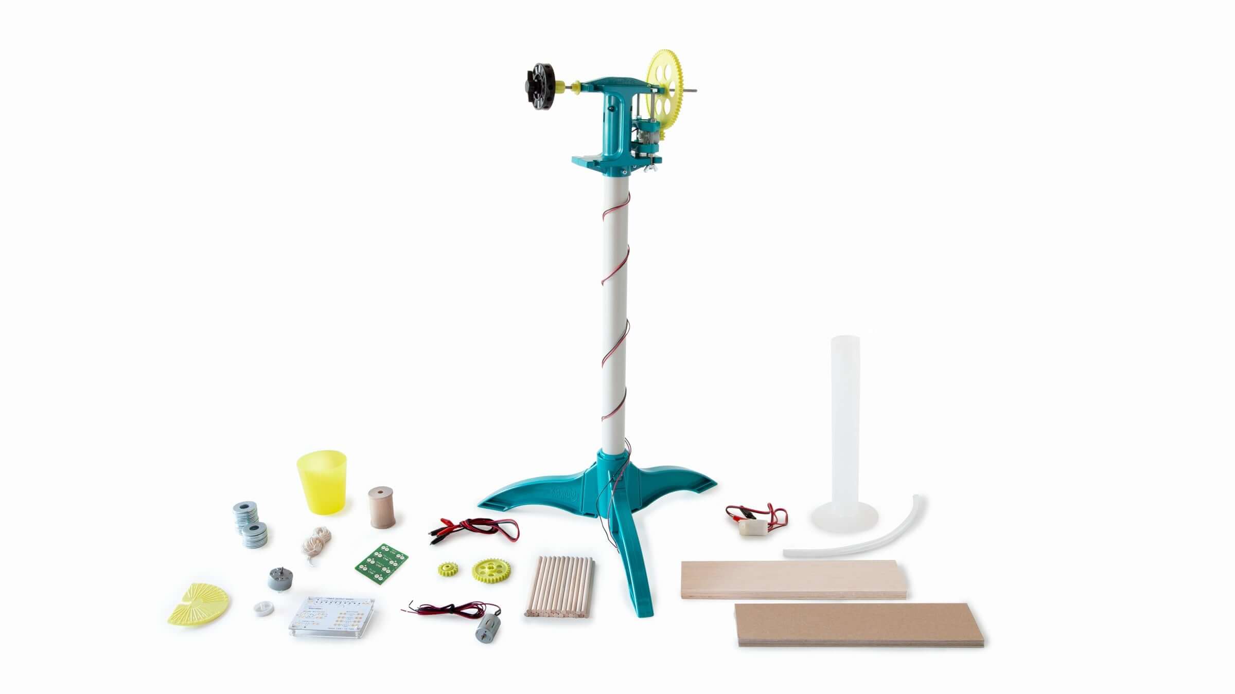 KidWind Advanced Wind Experiment Kit components including wind turbine model, blades, gears, and measurement devices for classroom learning.