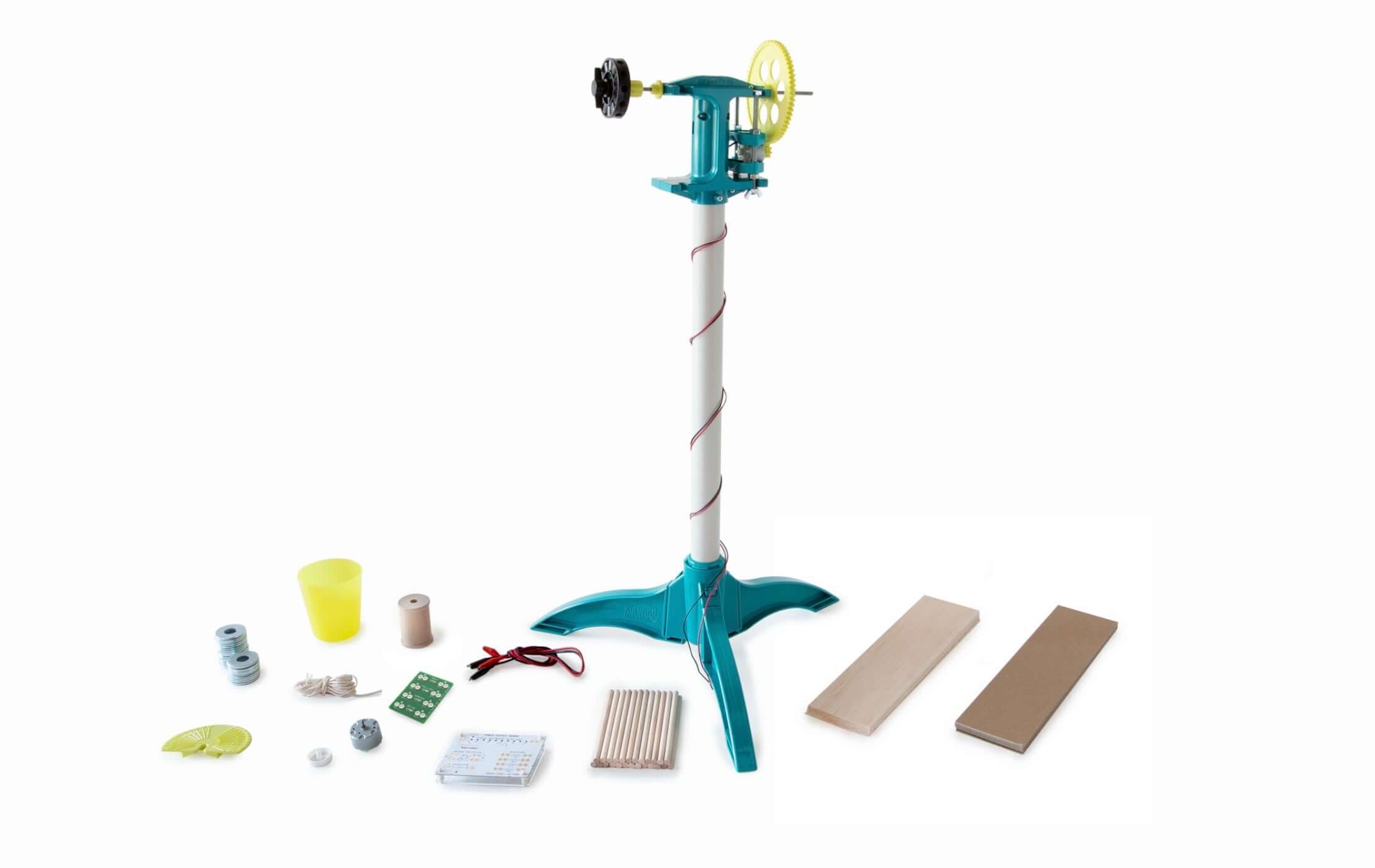 KidWind Basic Wind Experiment Kit components including a wind turbine and testing materials for classroom learning.