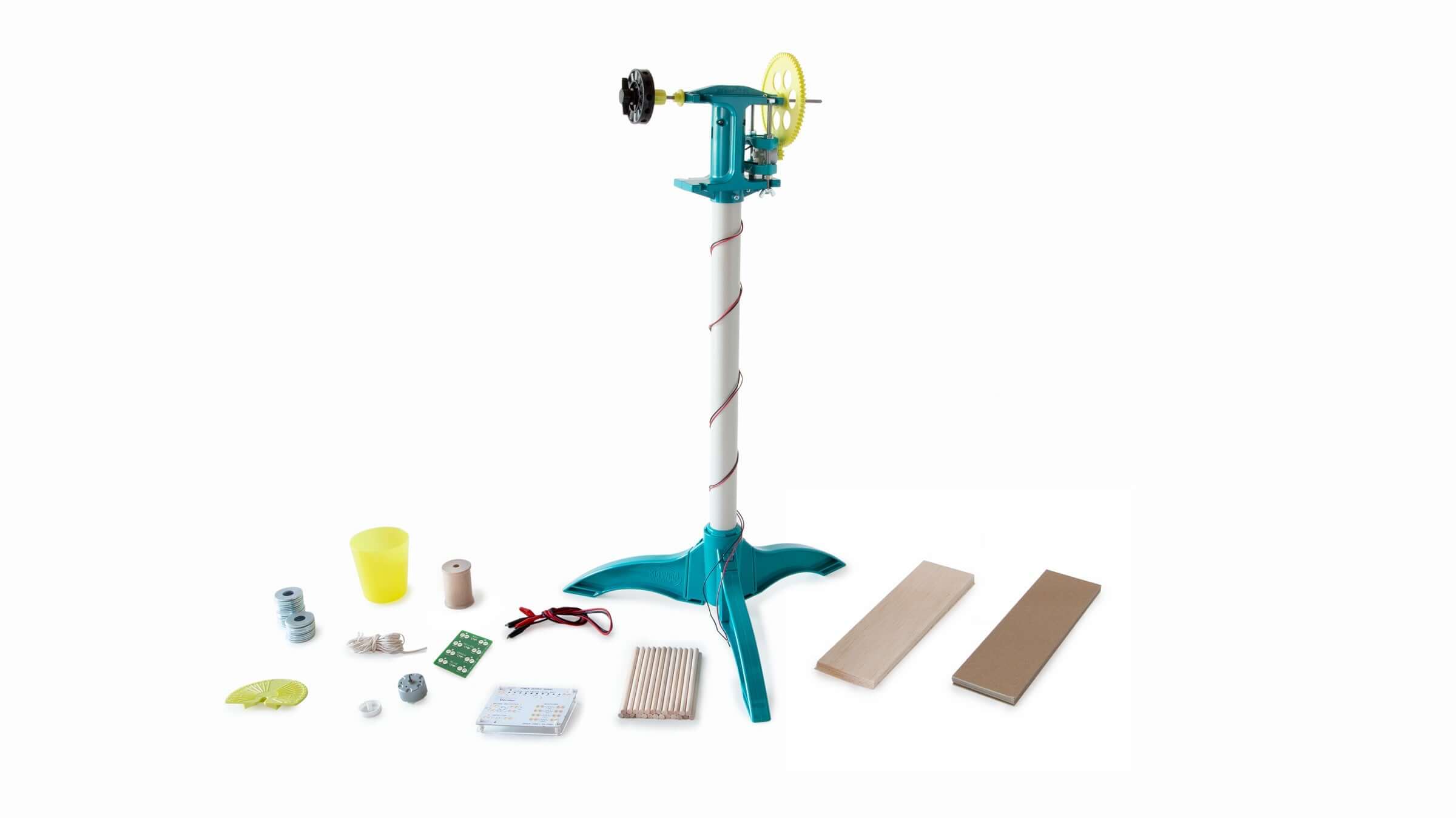 KidWind Basic Wind Experiment Kit components including a turbine, base, and various blade designs for educational fun.