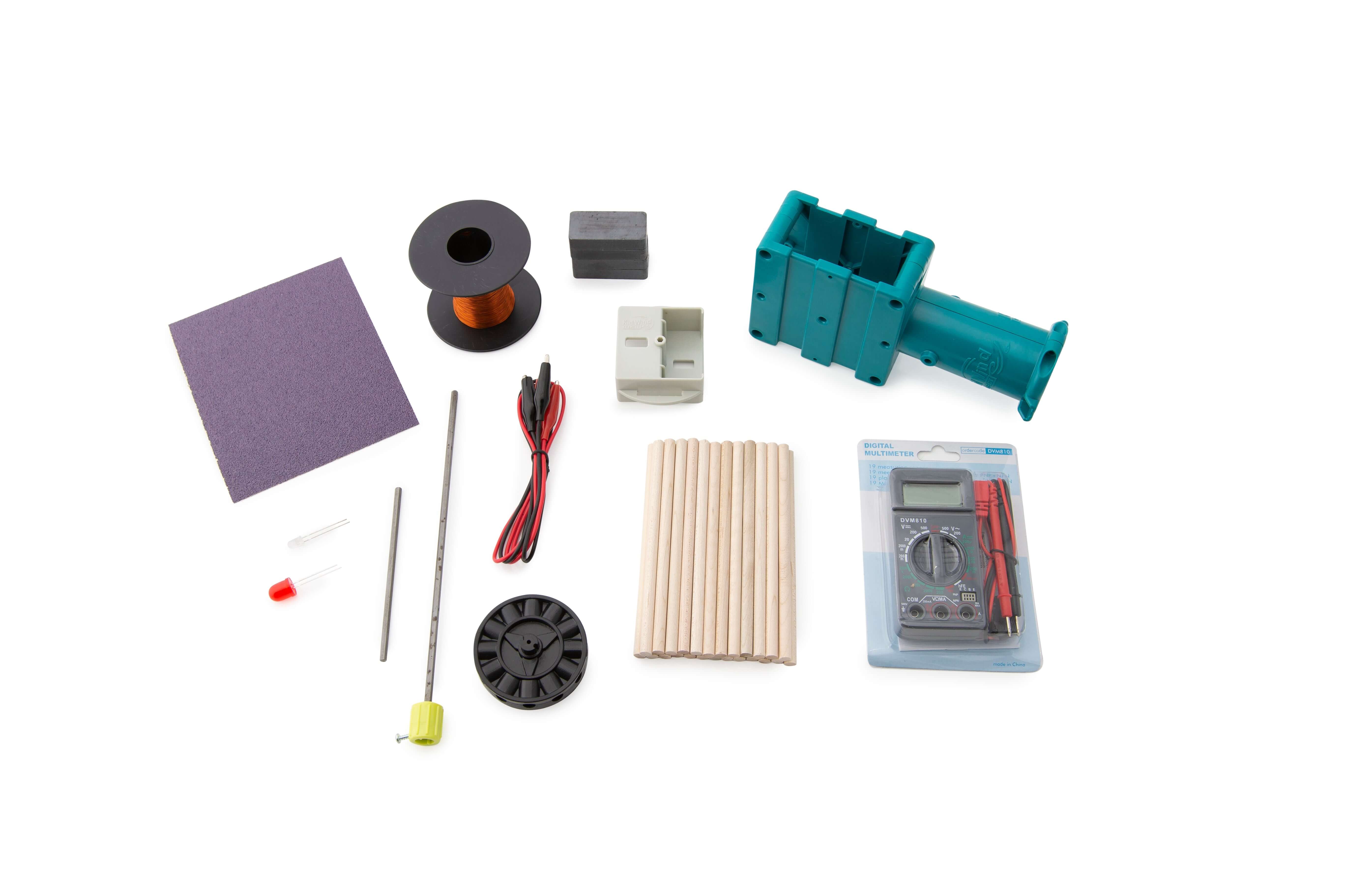 KidWind simpleGEN Classroom Pack components including tools and materials for building an AC generator.