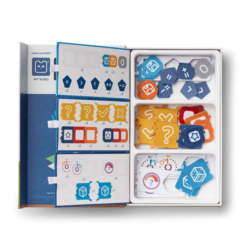 KUBO Coding++ TagTile® Set opened box view featuring variable, condition, and event coding tiles.