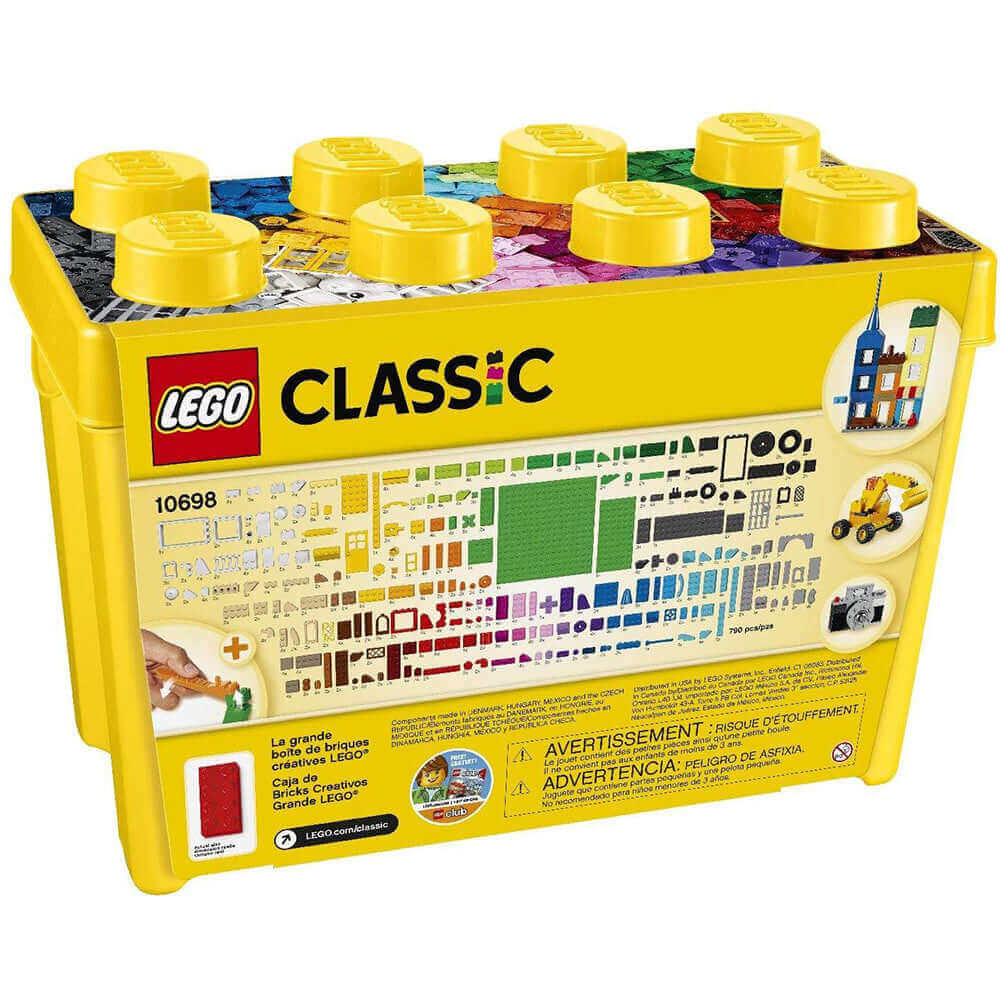LEGO Classic Large Creative Brick Box 10698 featuring colorful bricks, windows, doors, and special pieces for imaginative building.