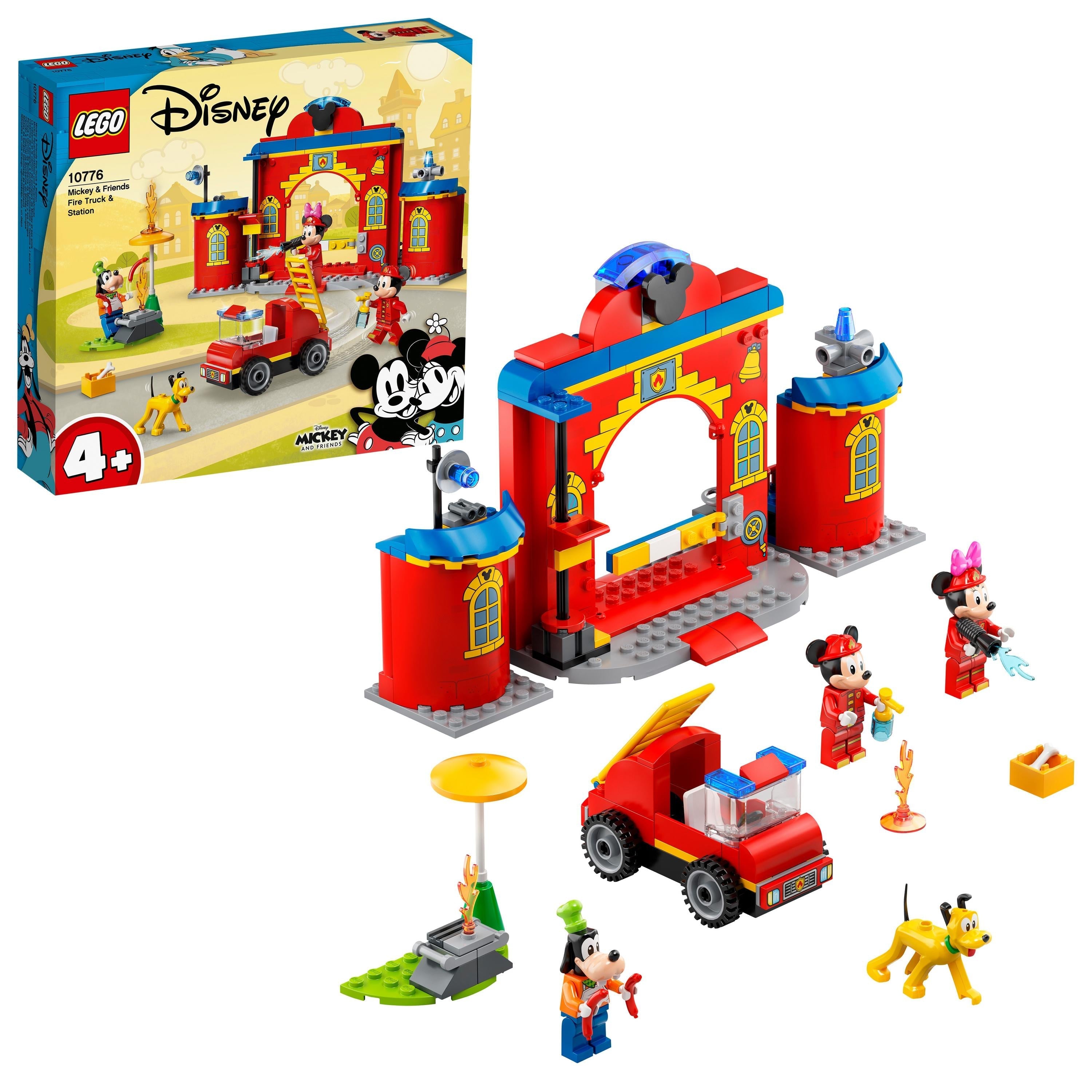 LEGO Disney Mickey Mouse Fire Engine & Station 10776, featuring a fire station, fire engine, minifigures, and a dog figure.