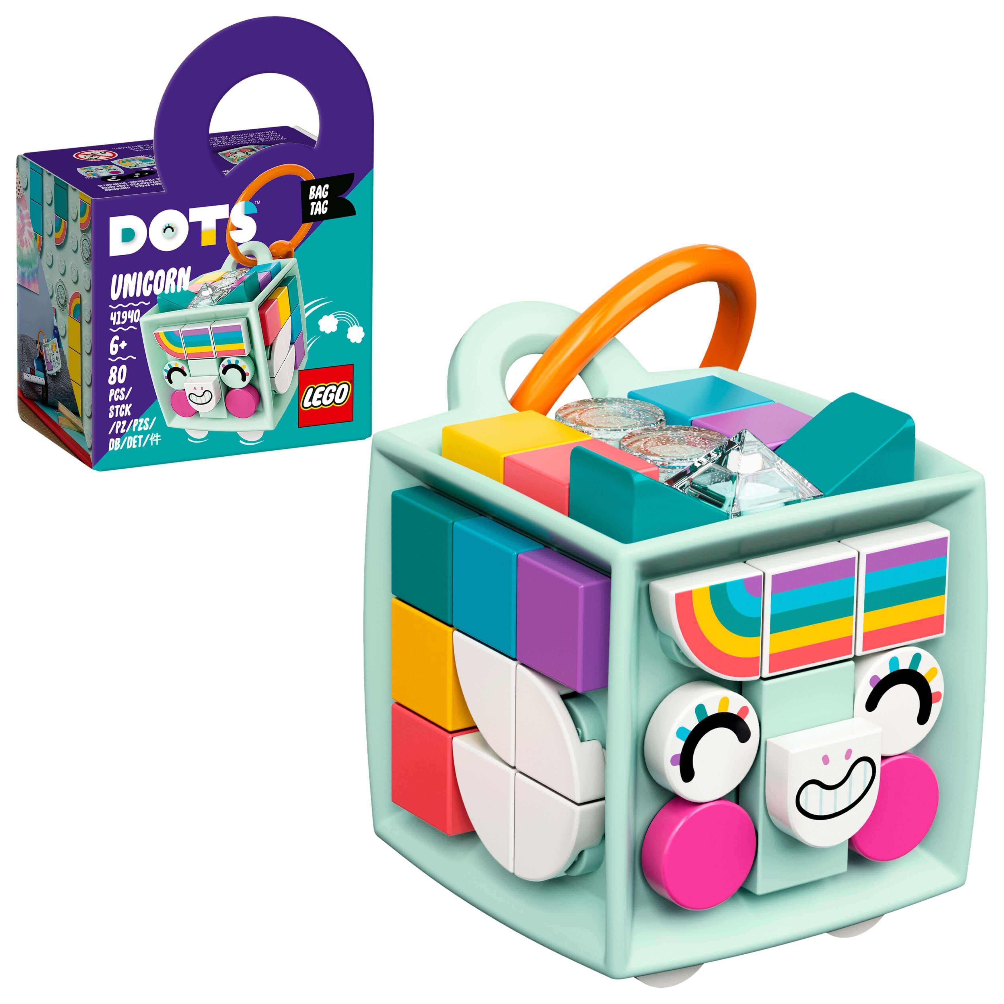 LEGO DOTS Unicorn Bag Tag set 41940 with colorful designable cubes and accessories for creative kids.