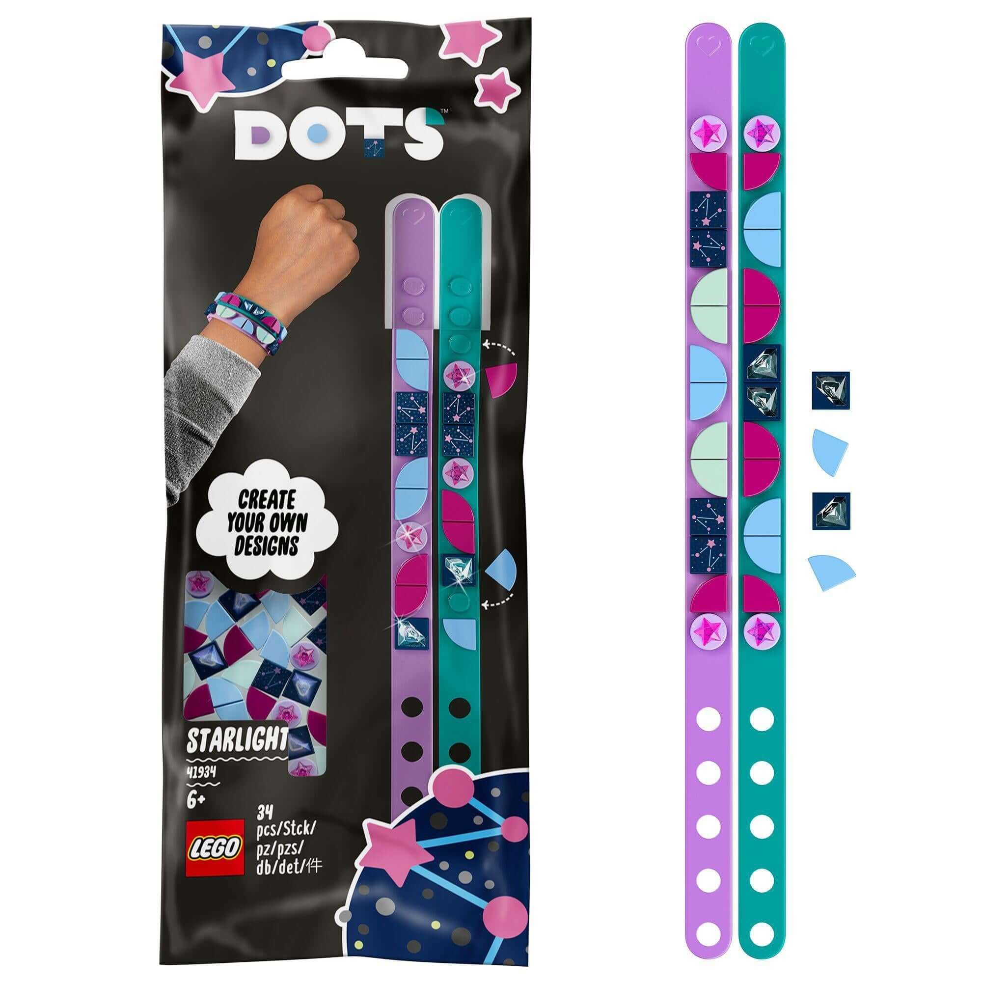 LEGO® DOTS Starlight Bracelets Making Set 41934 packaging with teal and purple bracelets and decorative tiles.