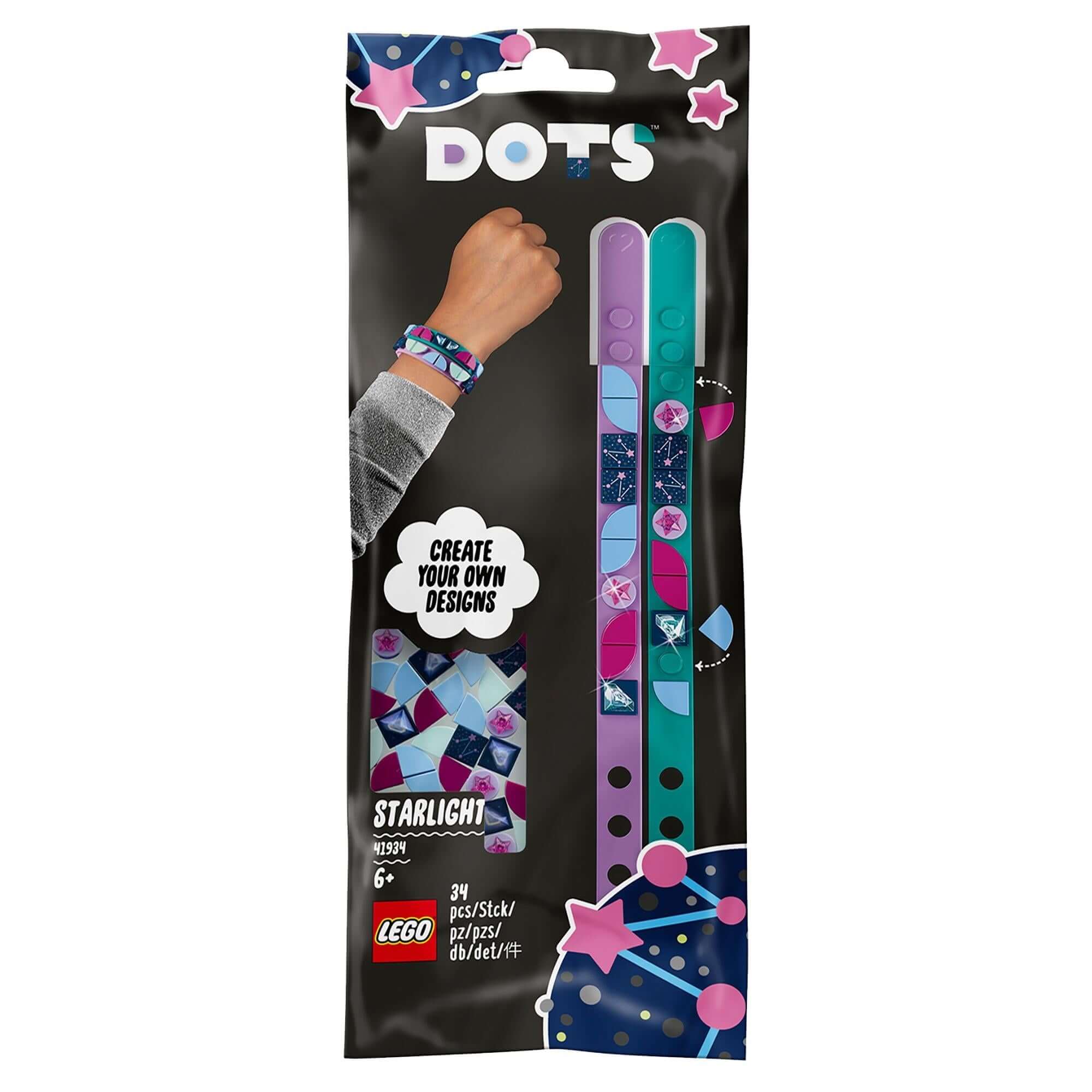 LEGO DOTS Starlight Bracelets Making Set 41934 with teal and purple bracelets and colorful tiles for creative fun.
