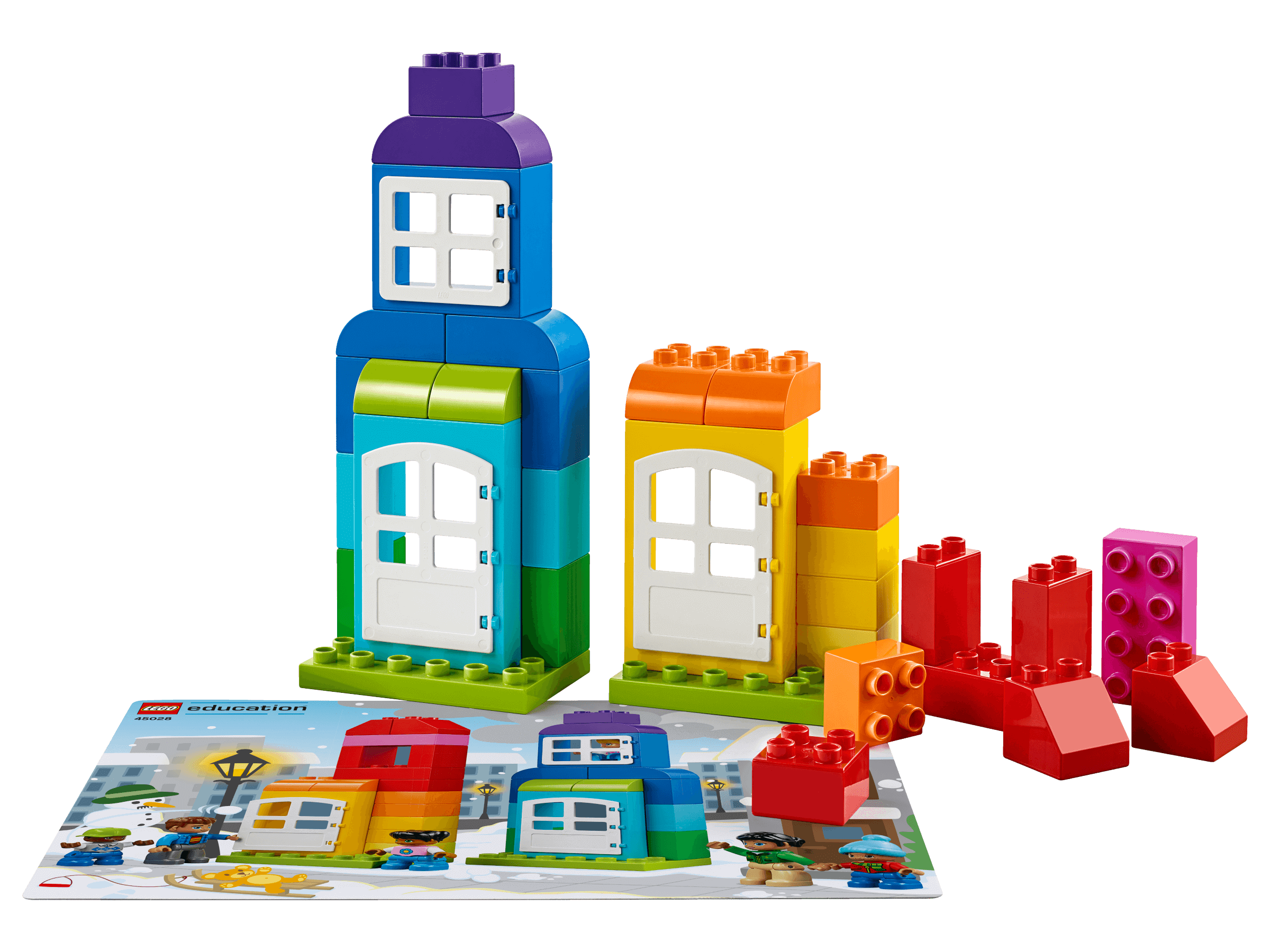 Colorful LEGO® Education My XL World 45028 set with building blocks and instruction sheet for preschool learning activities.