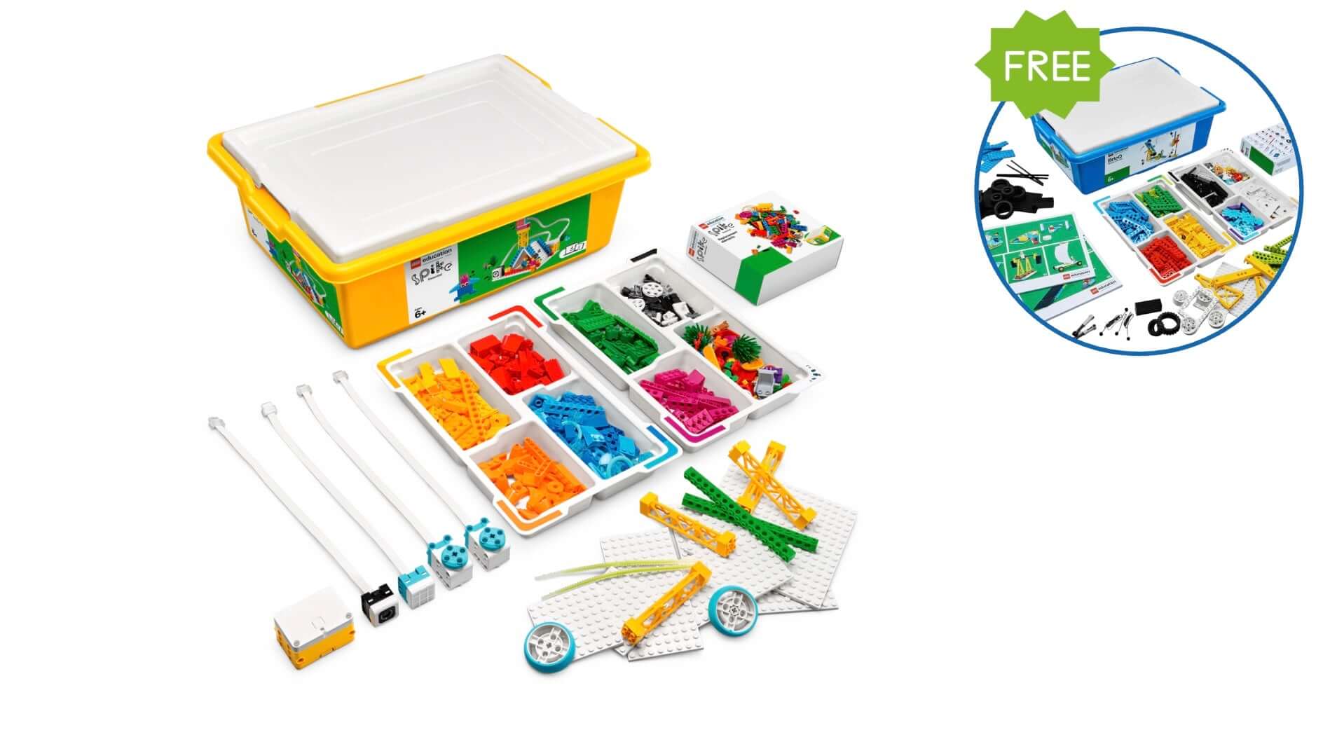 LEGO® Education SPIKE Essential Bundle and a FREE LEGO® Education BricQ Motion Essential Set, featuring colorful building components.